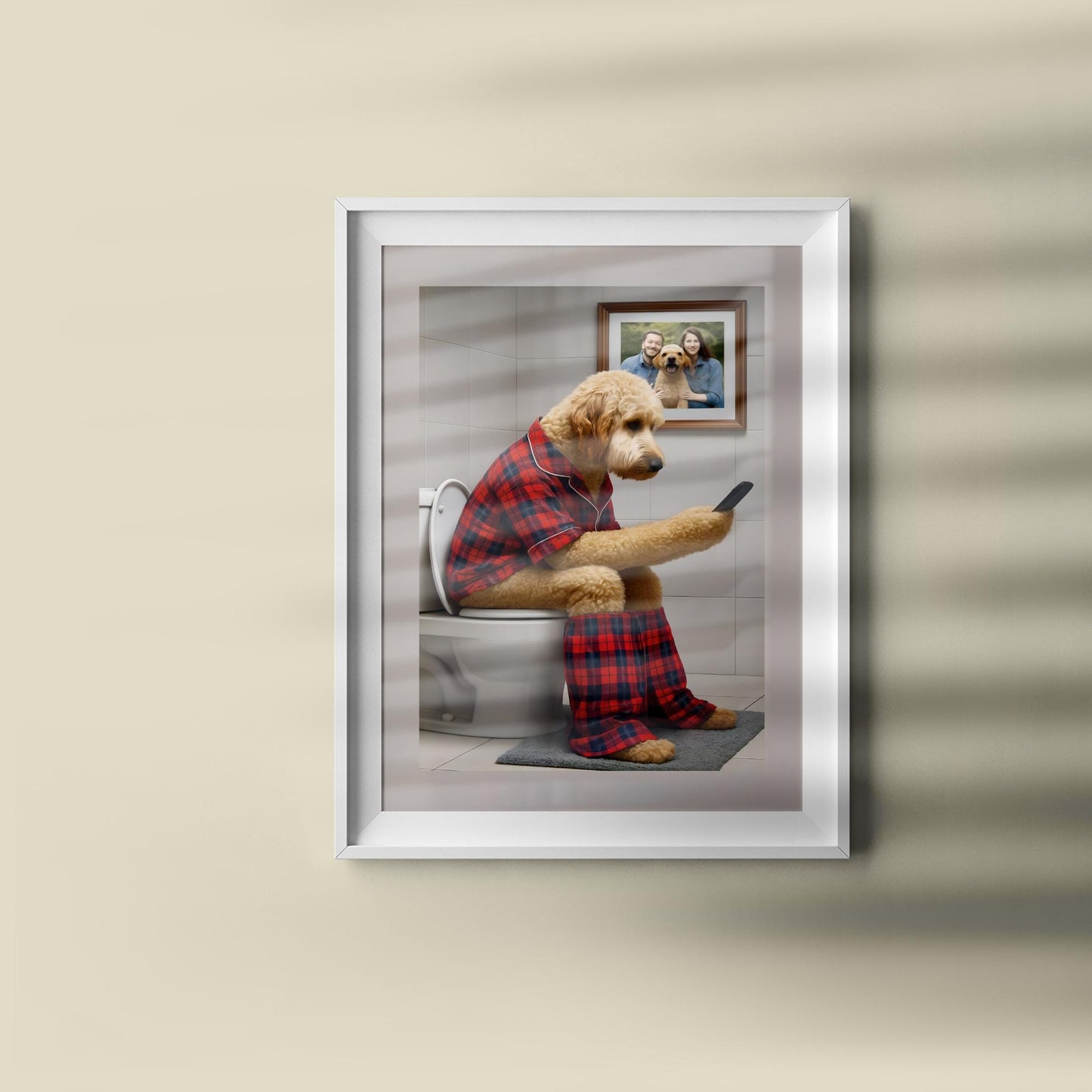 Golden Doodle Toilet Print Funny Dog on Phone Red Tartan Pyjamas Bathroom Wall Art Ensuite Gift Poodle Loo Quote Sign