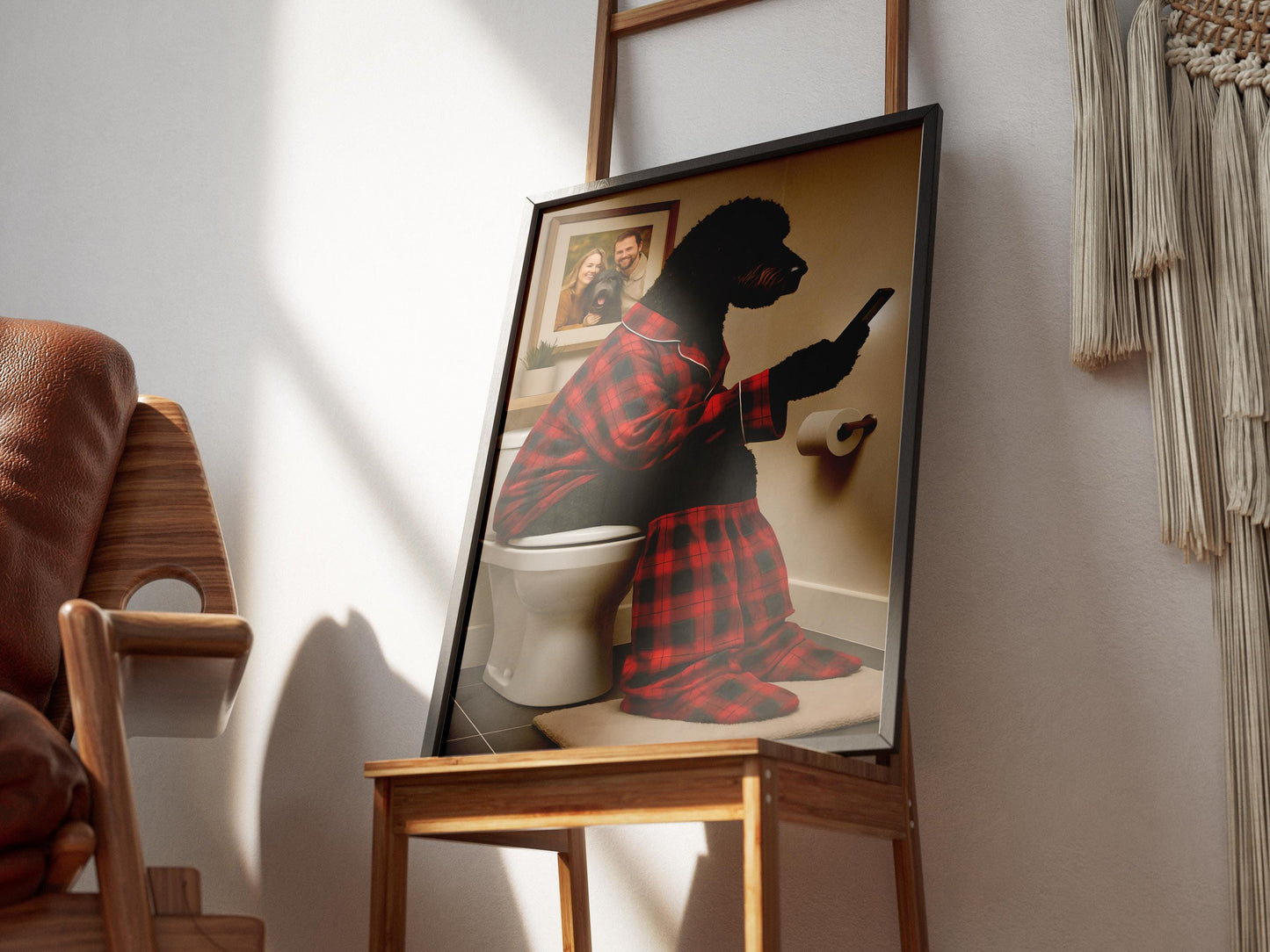 Black Golden Doodle Bathroom Wall Art - Funny Dog on Toilet Print, Animal Loo Sign, Poodle Ensuite Gift, Tartan Pyjamas Phone Quote Decor