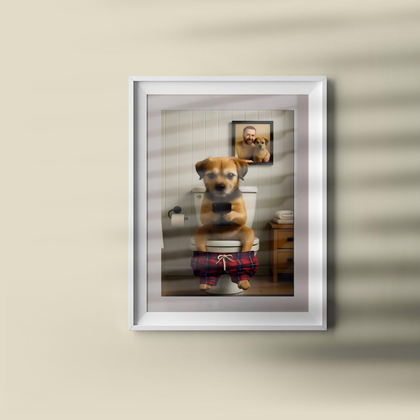 Border Terrier On Toilet Print, Funny Dog Bathroom Art, Humorous Pet Loo Decor, Dog Texting Phone, Terrier Lover Gift, Animal Wall Art