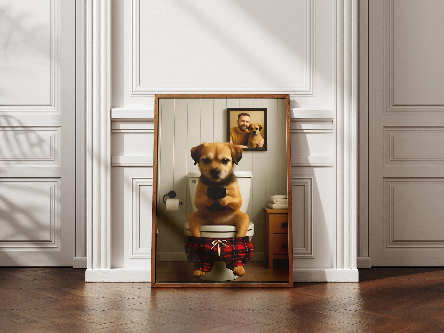 Border Terrier On Toilet Print, Funny Dog Bathroom Art, Humorous Pet Loo Decor, Dog Texting Phone, Terrier Lover Gift, Animal Wall Art