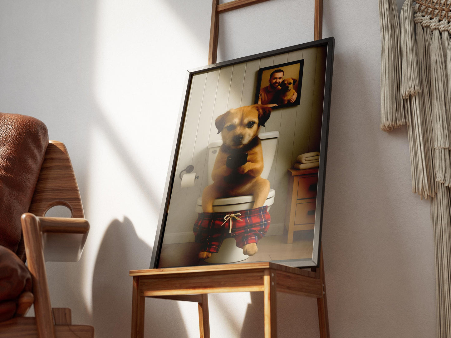 Border Terrier On Toilet Print, Funny Dog Bathroom Art, Humorous Pet Loo Decor, Dog Texting Phone, Terrier Lover Gift, Animal Wall Art