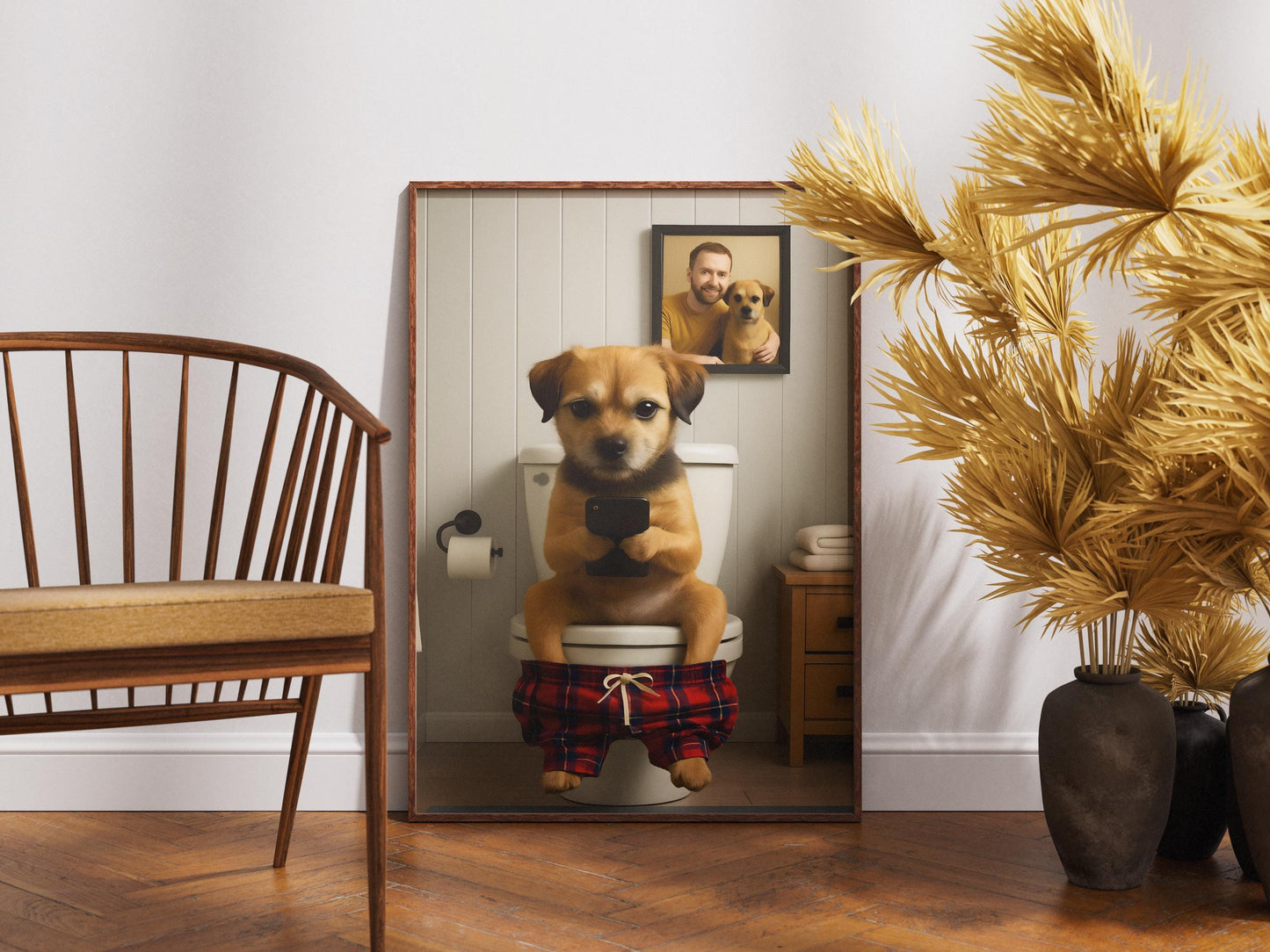Border Terrier On Toilet Print, Funny Dog Bathroom Art, Humorous Pet Loo Decor, Dog Texting Phone, Terrier Lover Gift, Animal Wall Art