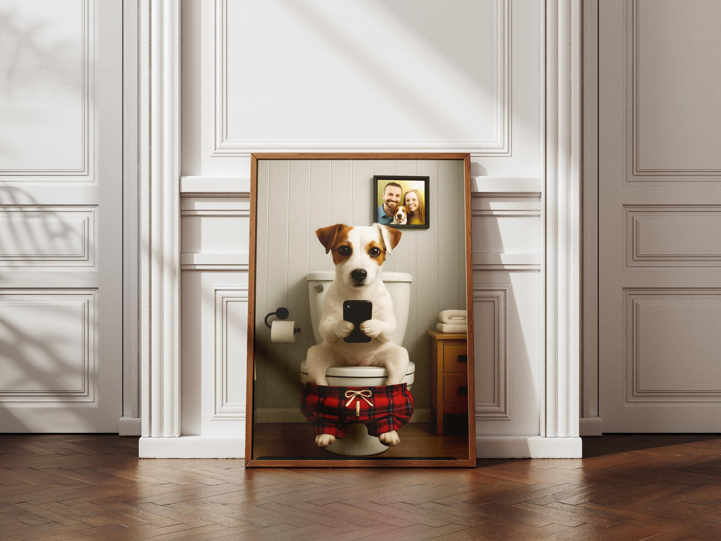 Border Terrier Toilet Art Funny Bathroom Print Dog on Phone Gift for Terrier Lovers Animal Loo Decor
