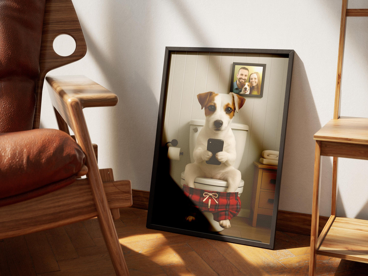 Border Terrier Toilet Art Funny Bathroom Print Dog on Phone Gift for Terrier Lovers Animal Loo Decor