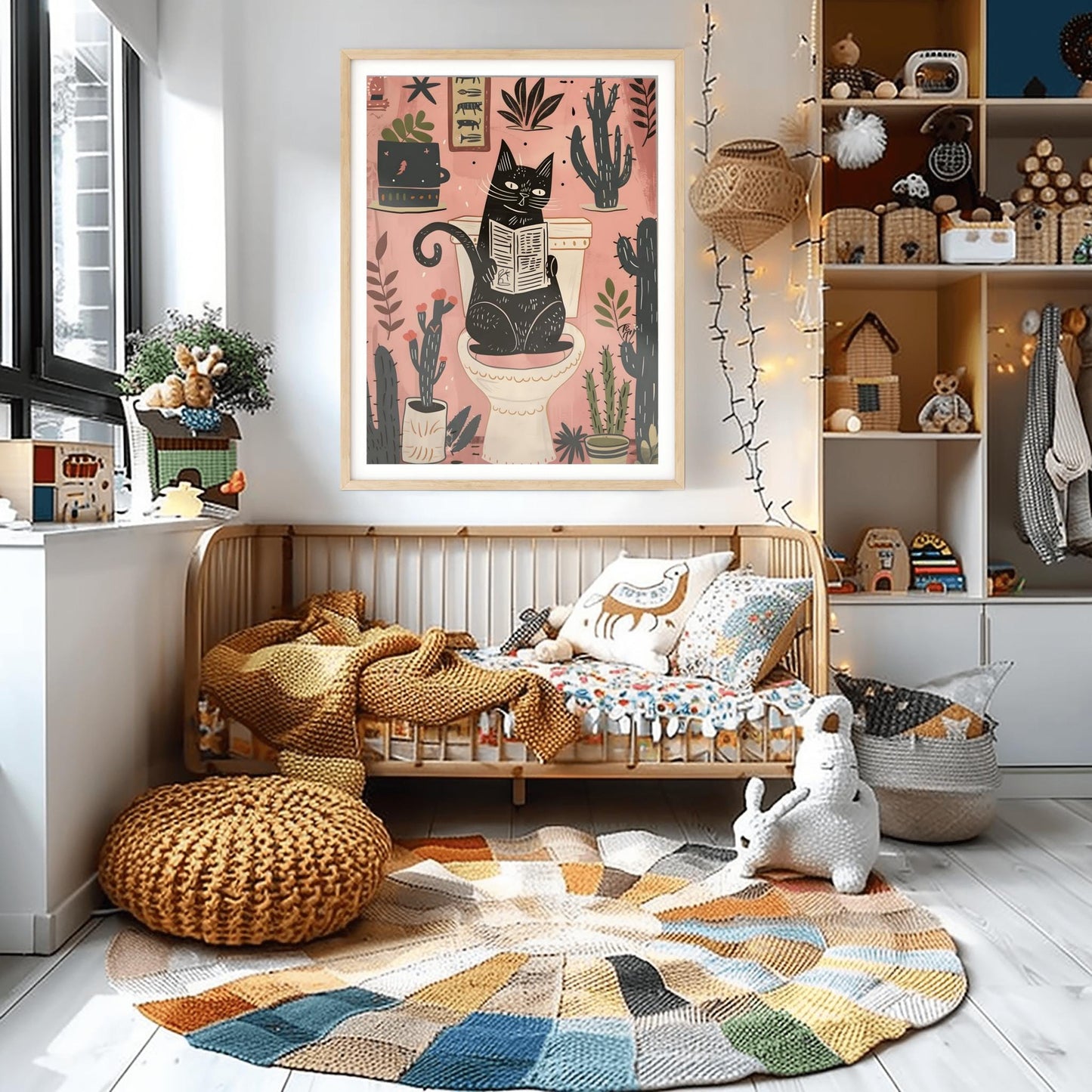 Matisse Art Print Black Cat Toilet Decor, Funky Retro Bathroom Wall Art, Mid Century Modern Pink Illustration