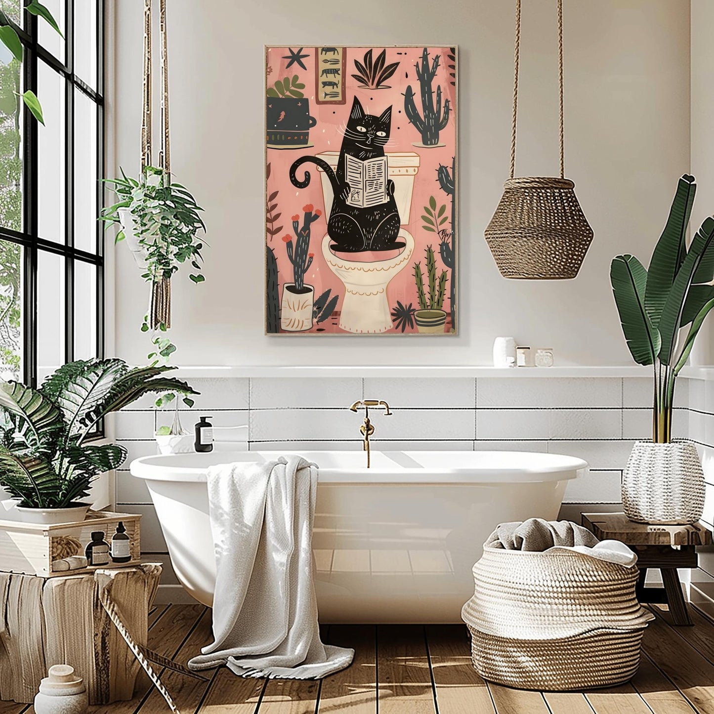 Matisse Art Print Black Cat Toilet Decor, Funky Retro Bathroom Wall Art, Mid Century Modern Pink Illustration