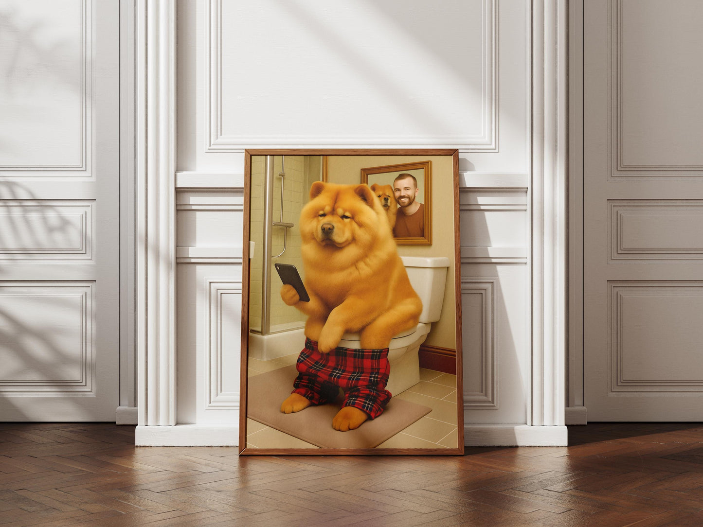 Chow Toilet Art Print – Funny Dog on Toilet Bathroom Wall Decor, Humorous Pet Portrait Gift for Dog Lovers