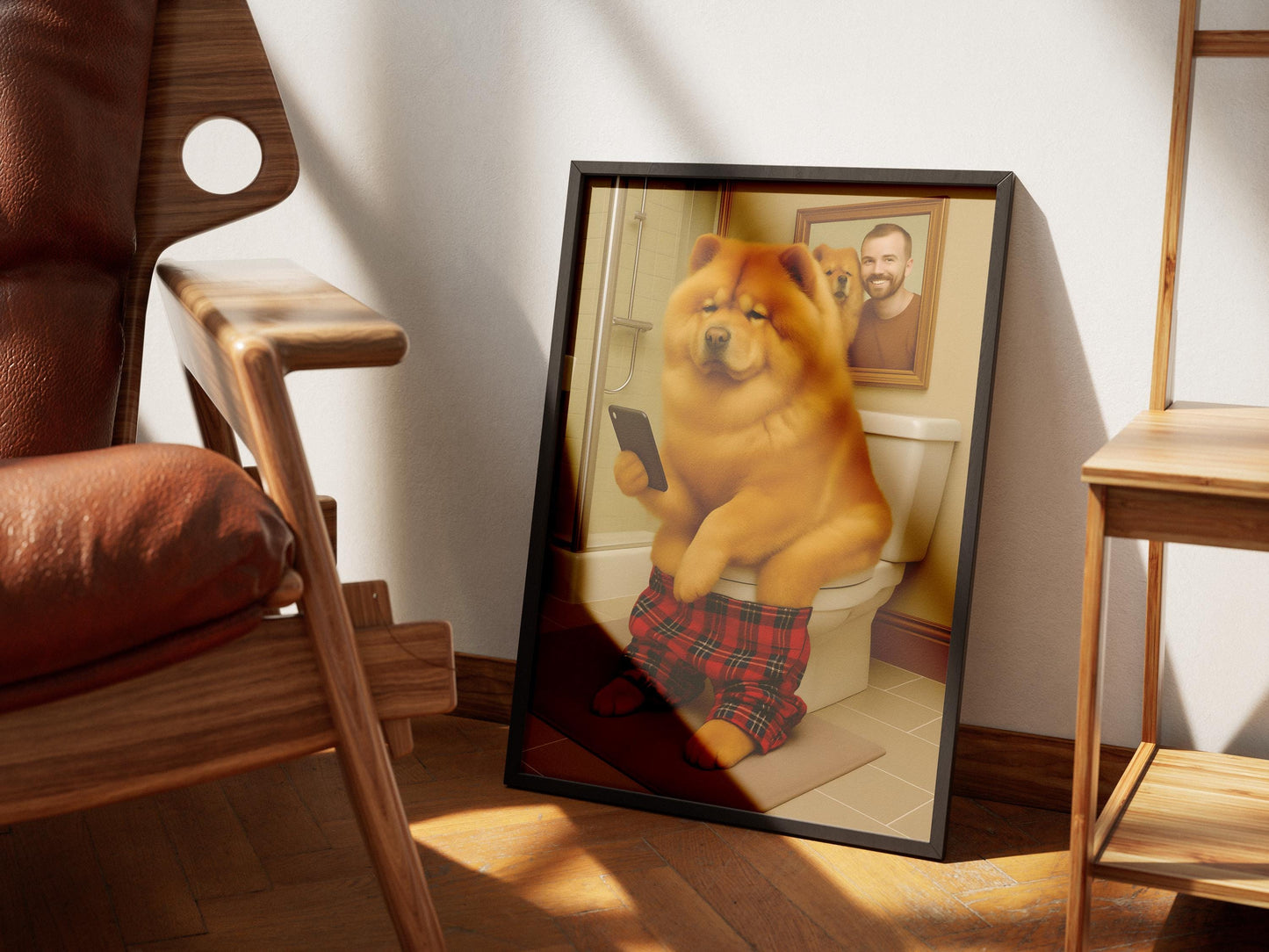 Chow Toilet Art Print – Funny Dog on Toilet Bathroom Wall Decor, Humorous Pet Portrait Gift for Dog Lovers