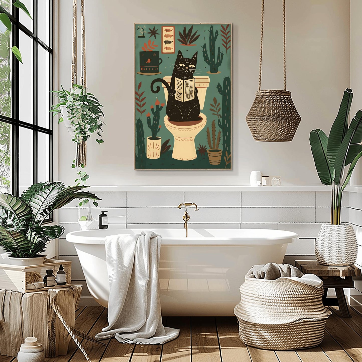 Matisse Art Print Black Cat Toilet Wall Decor, Retro Funky Bathroom Poster, Pink Mid Century Modern Illustration