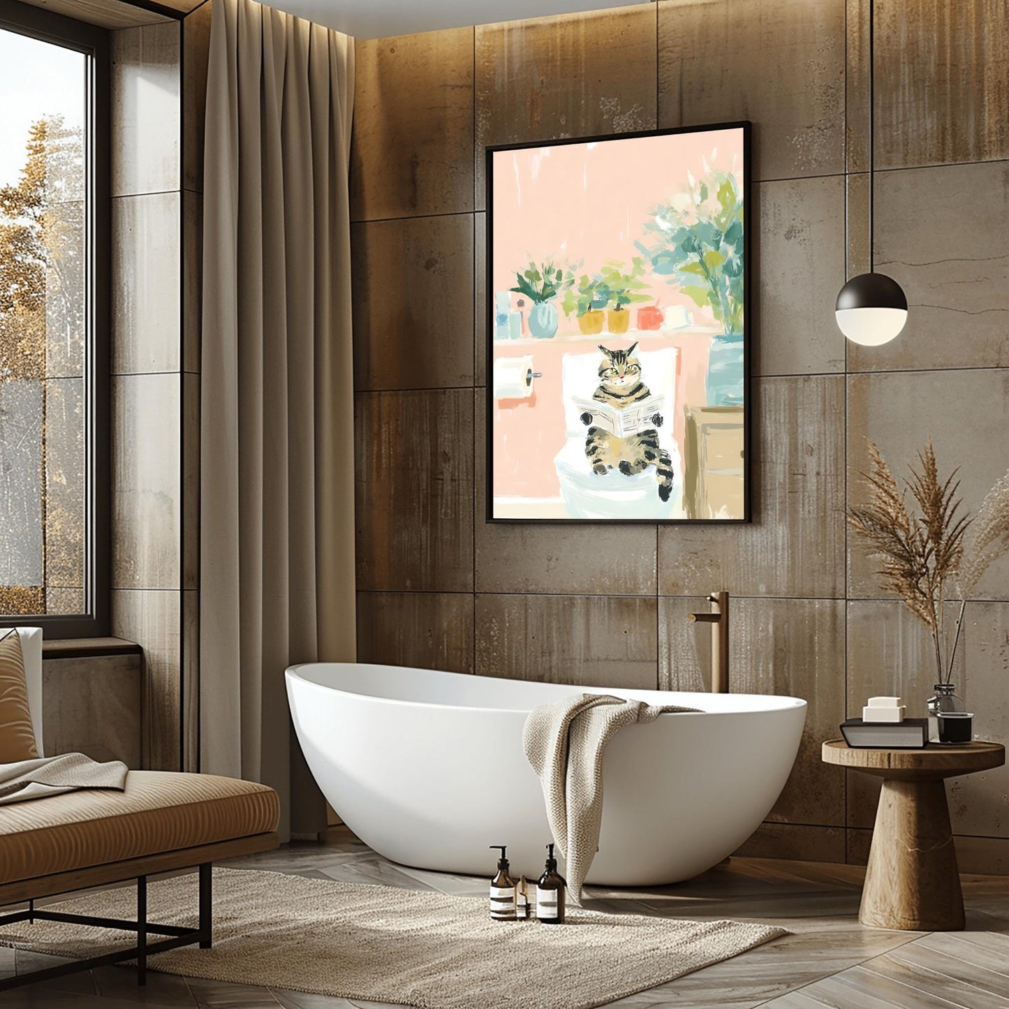 Funny Tabby Cat Toilet Art Print, Retro Funky Style Bathroom Wall Decor, Pink Dopamine Mid Century Modern Illustration