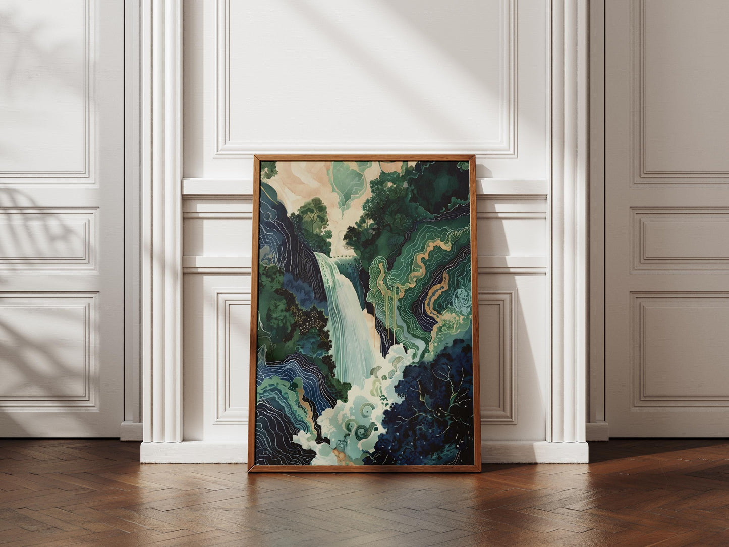 Ukiyo-e Poster Hokusai Japanese Waterfall Art Print, Blue Green Wall Decor, Japanese Home Print