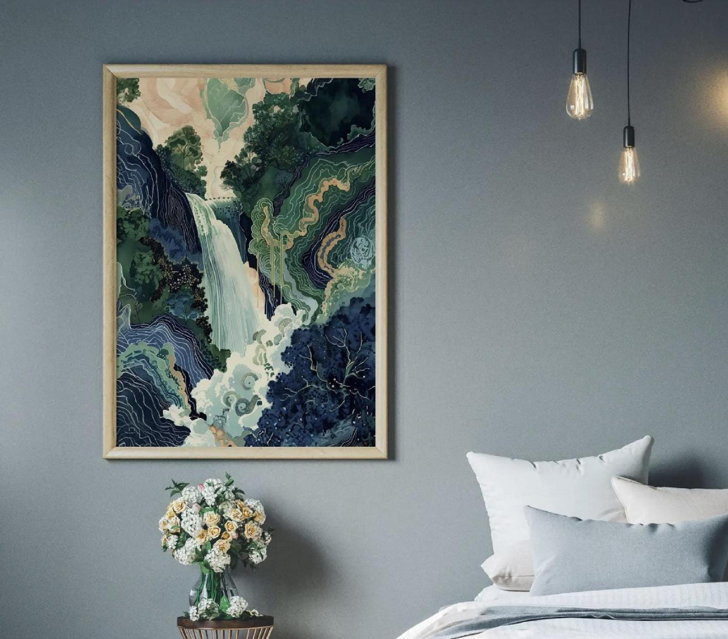 Ukiyo-e Poster Hokusai Japanese Waterfall Art Print, Blue Green Wall Decor, Japanese Home Print