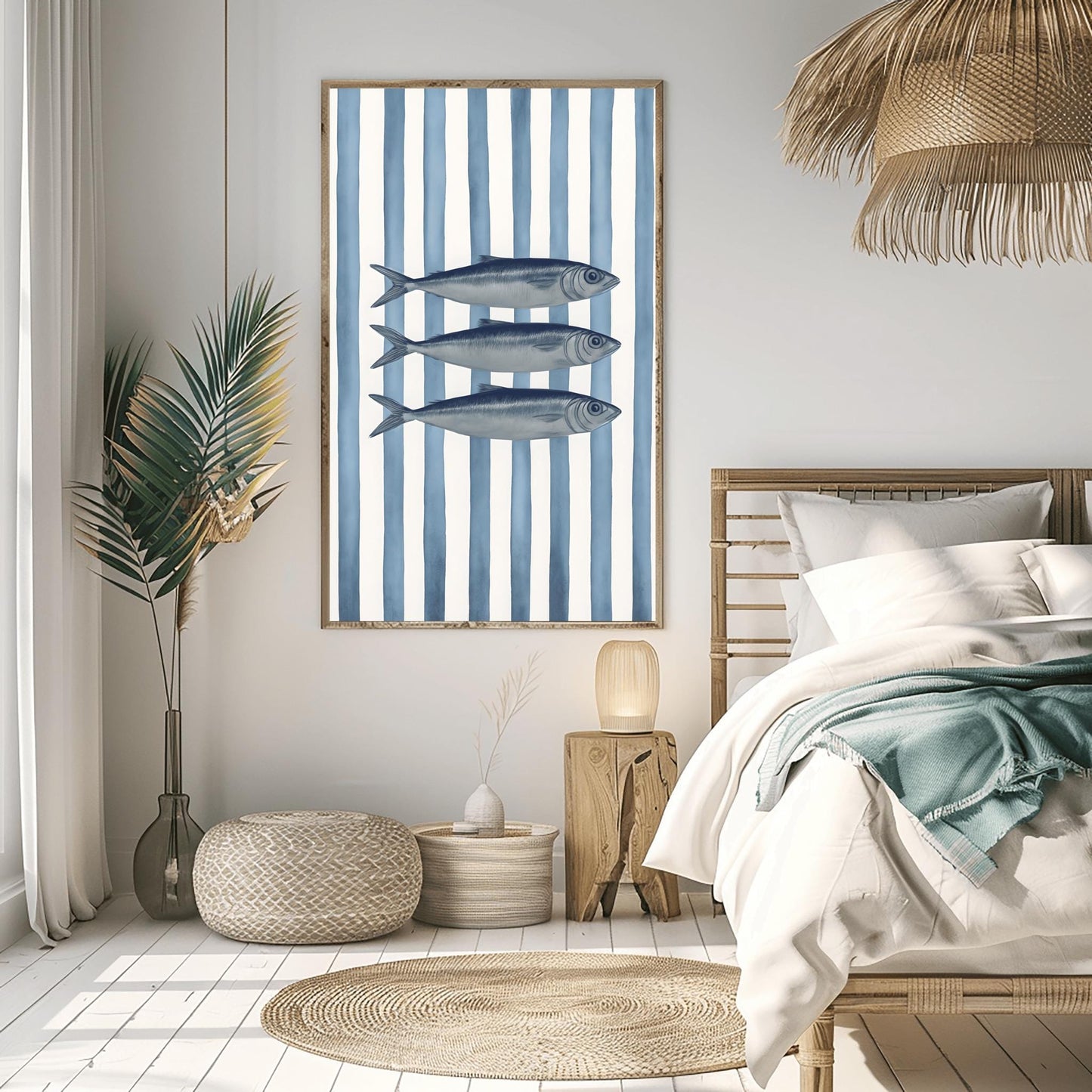 Sardines Print Art, Nautical Decor, Coastal Home Decor, Fish Art Print, Blue Stripes Poster Print, Beach House Painting