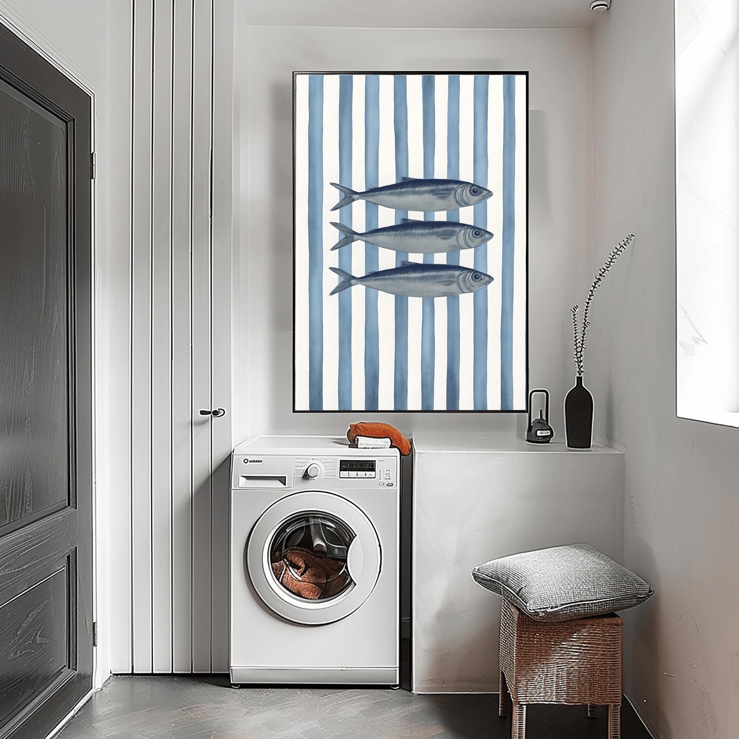 Sardines Print Art, Nautical Decor, Coastal Home Decor, Fish Art Print, Blue Stripes Poster Print, Beach House Painting