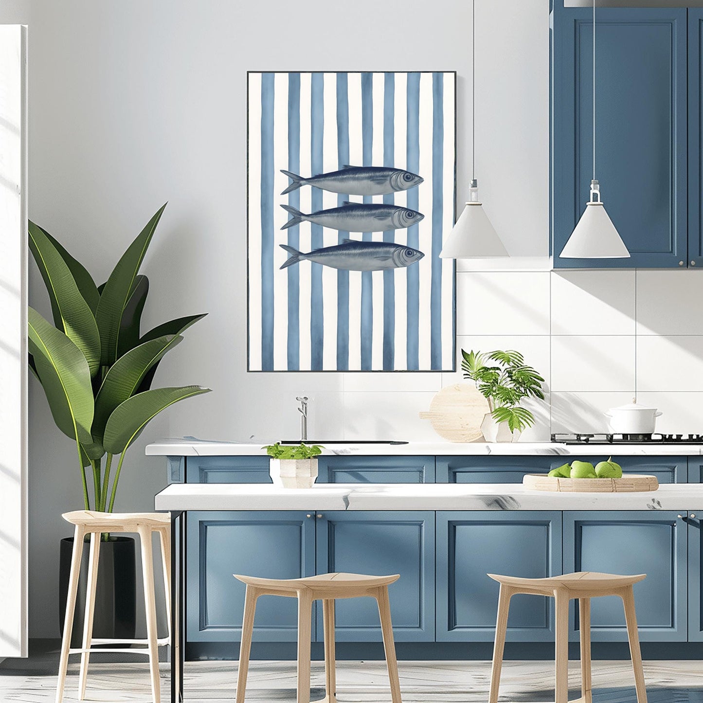 Sardines Print Art, Nautical Decor, Coastal Home Decor, Fish Art Print, Blue Stripes Poster Print, Beach House Painting