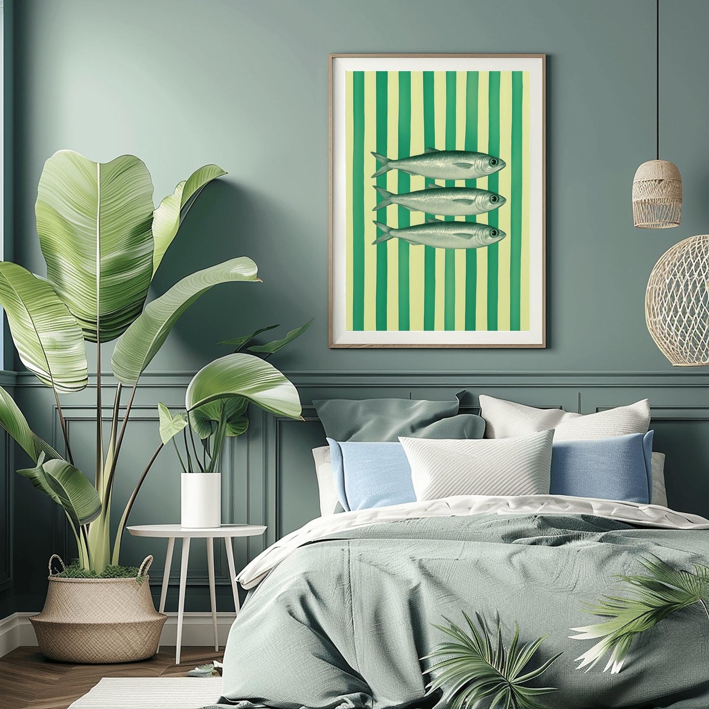 Sardines Print Art for Coastal Home Decor, Nautical Fish Wall Art, Beach House Blue Stripes Poster, Funky Fisherman Aesthetic