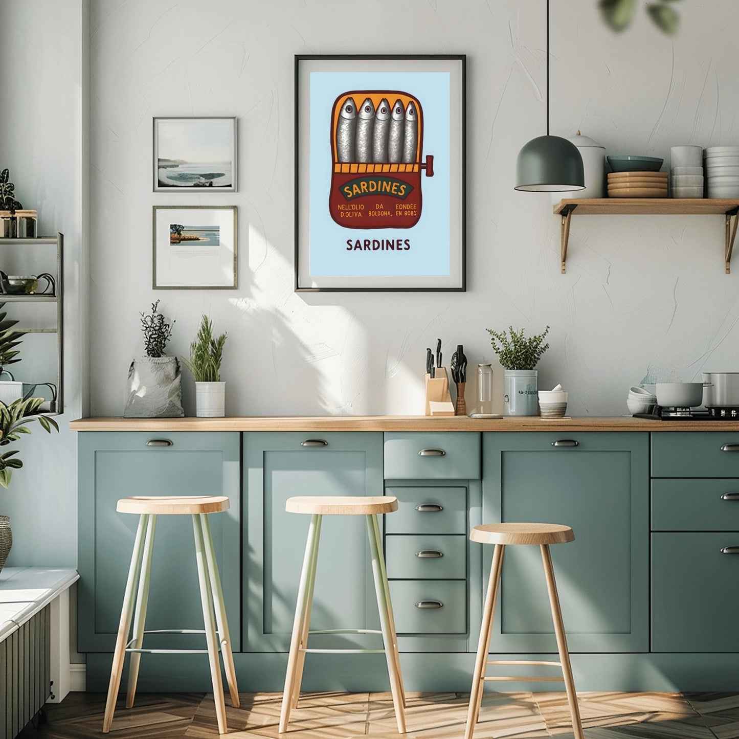Sardines Hand Drawn Art Print, Retro Tinned Fish Wall Decor, Trendy Seafood Art for Modern Kitchen or Coastal Gallery
