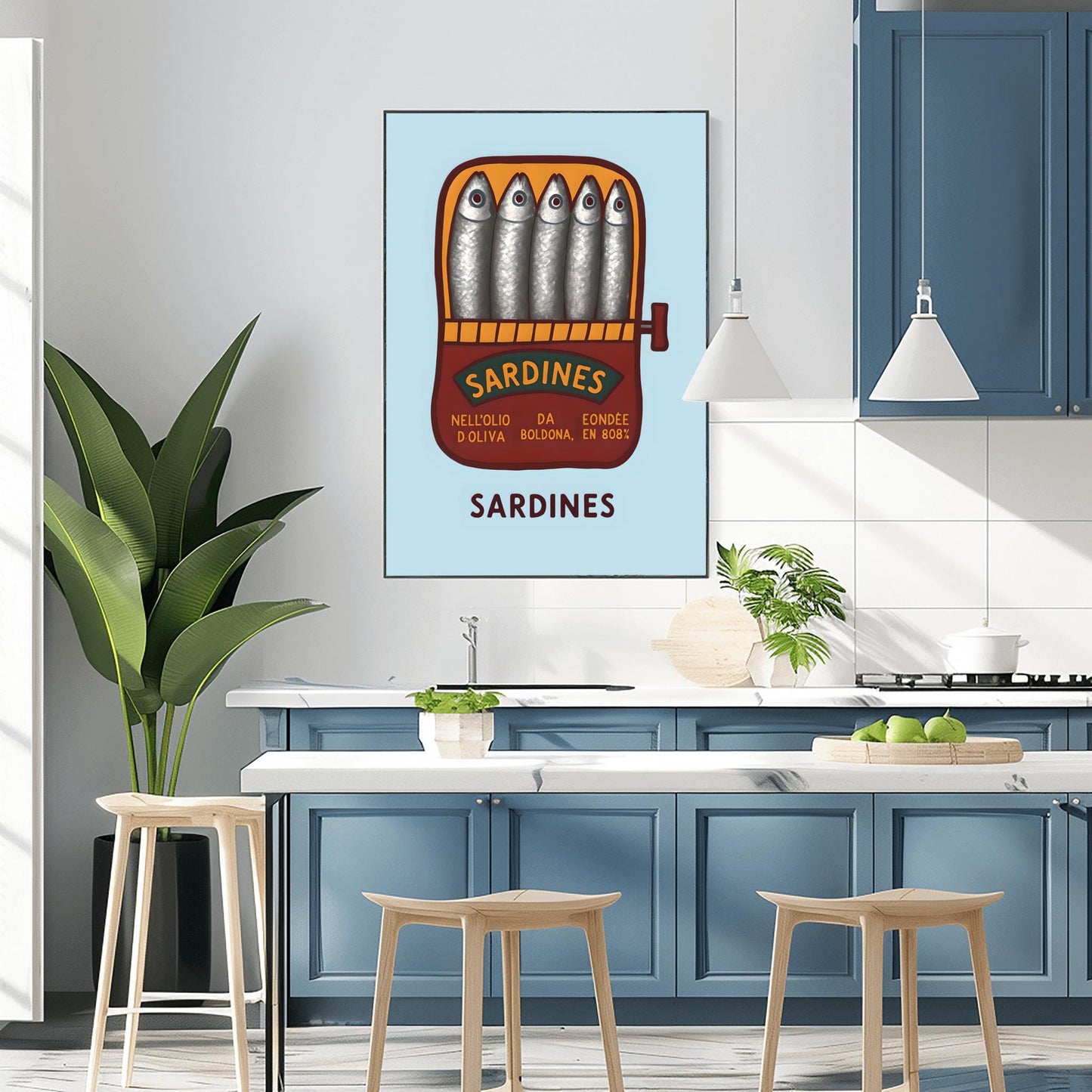 Sardines Hand Drawn Art Print, Retro Tinned Fish Wall Decor, Trendy Seafood Art for Modern Kitchen or Coastal Gallery