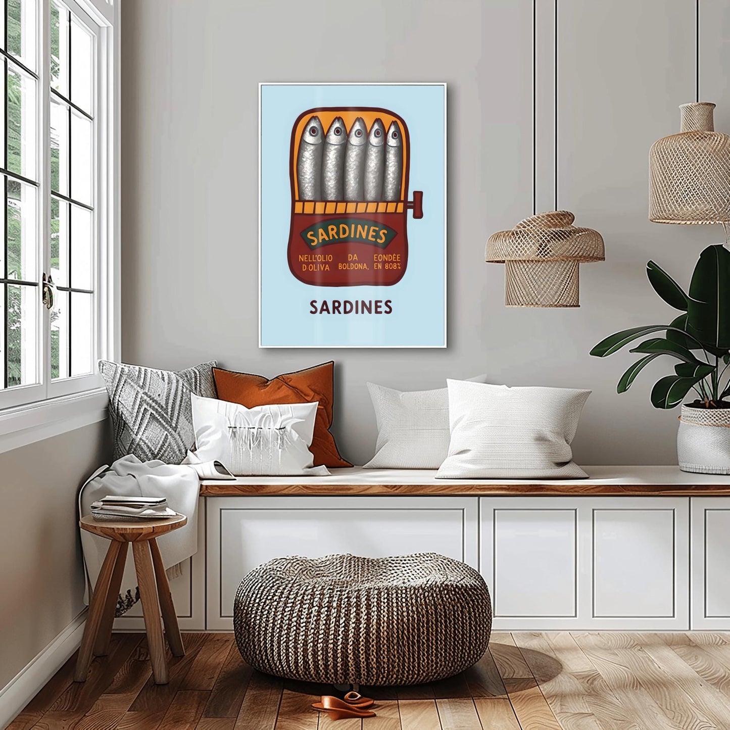 Sardines Hand Drawn Art Print, Retro Tinned Fish Wall Decor, Trendy Seafood Art for Modern Kitchen or Coastal Gallery