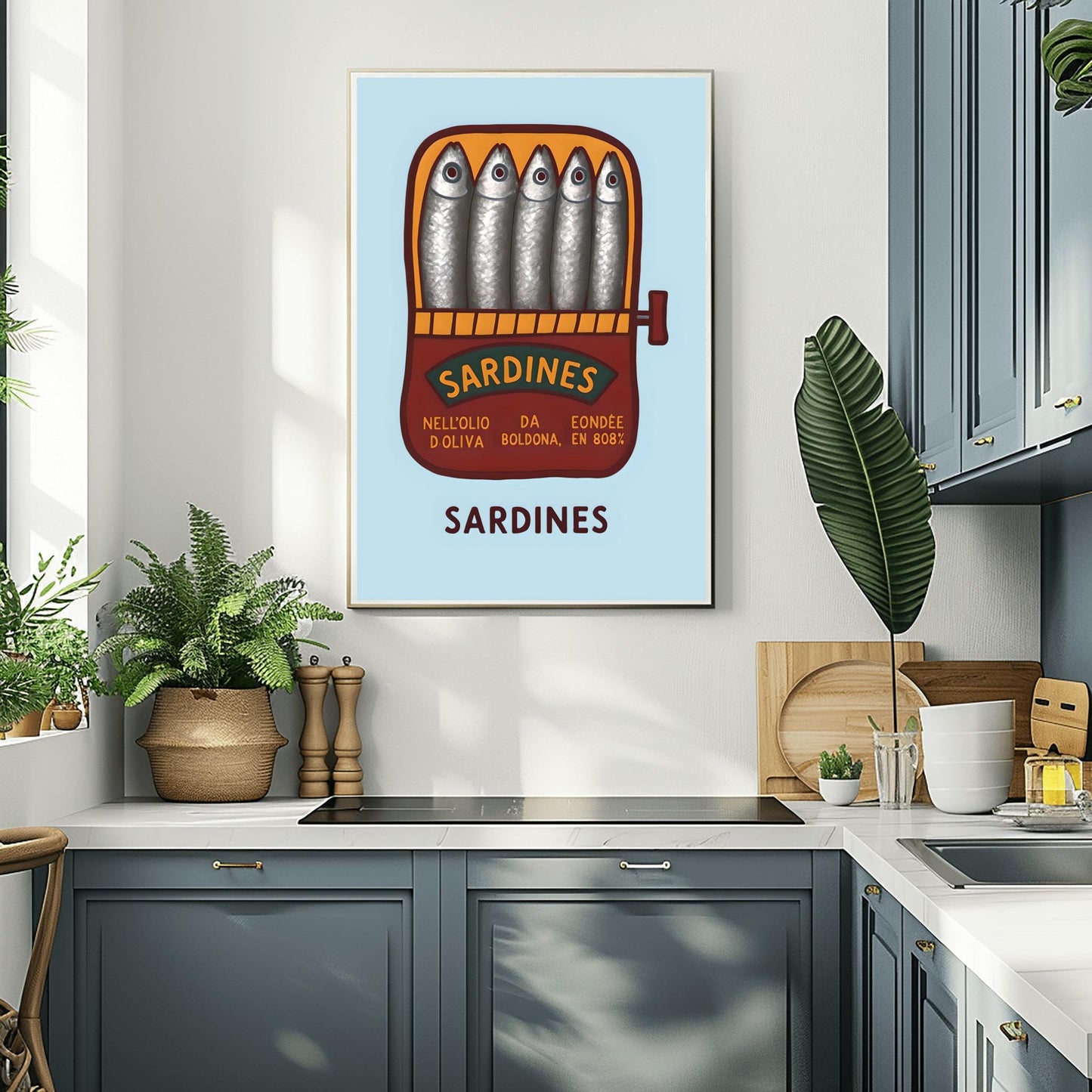 Sardines Hand Drawn Art Print, Retro Tinned Fish Wall Decor, Trendy Seafood Art for Modern Kitchen or Coastal Gallery