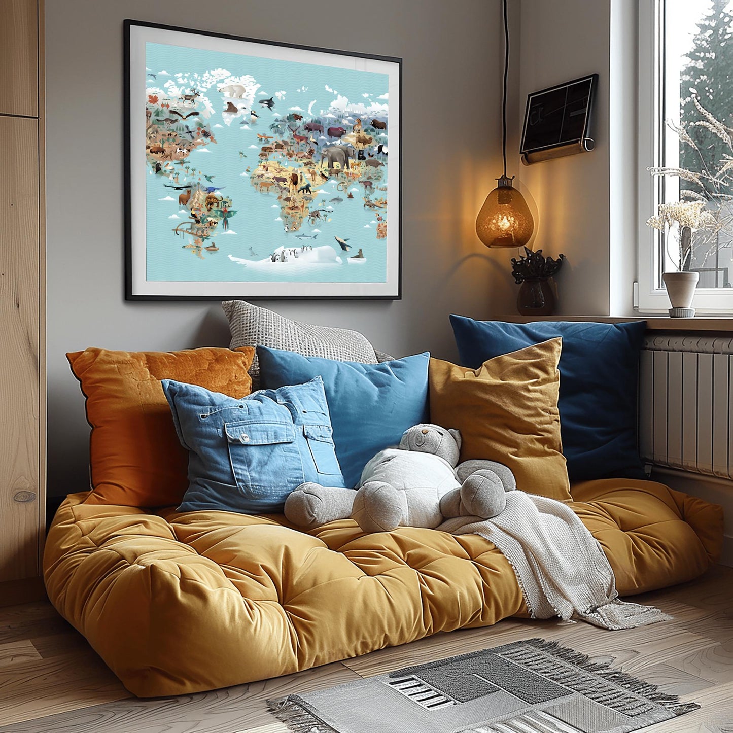 Kids World Map Animals Poster | Educational Nursery Wall Art | Illustrated Continent Print | Children's Room Decor | Learning Playroom Art