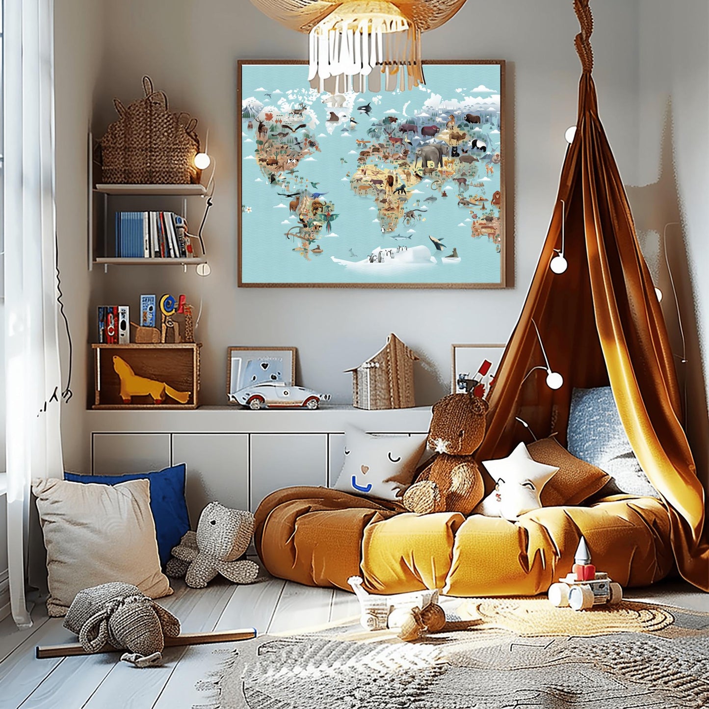 Kids World Map Animals Poster | Educational Nursery Wall Art | Illustrated Continent Print | Children's Room Decor | Learning Playroom Art