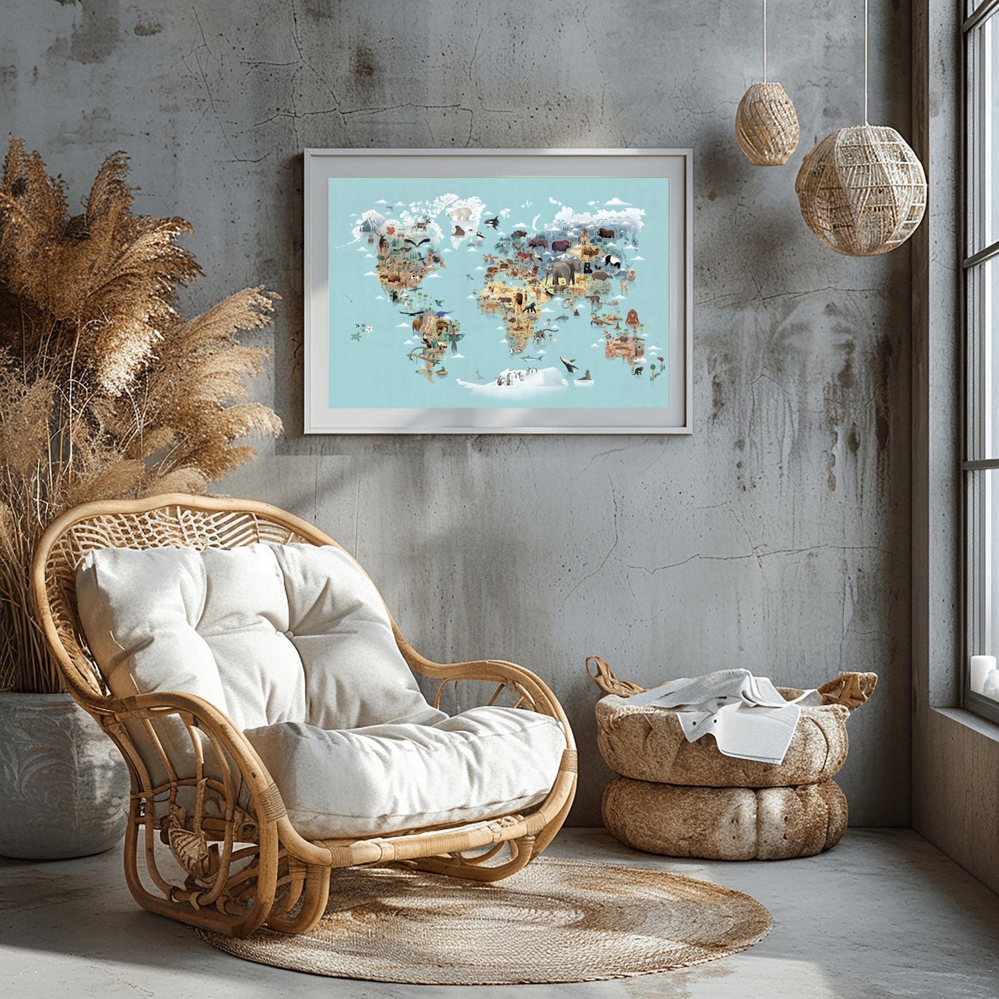 Kids World Map Animals Poster | Educational Nursery Wall Art | Illustrated Continent Print | Children's Room Decor | Learning Playroom Art
