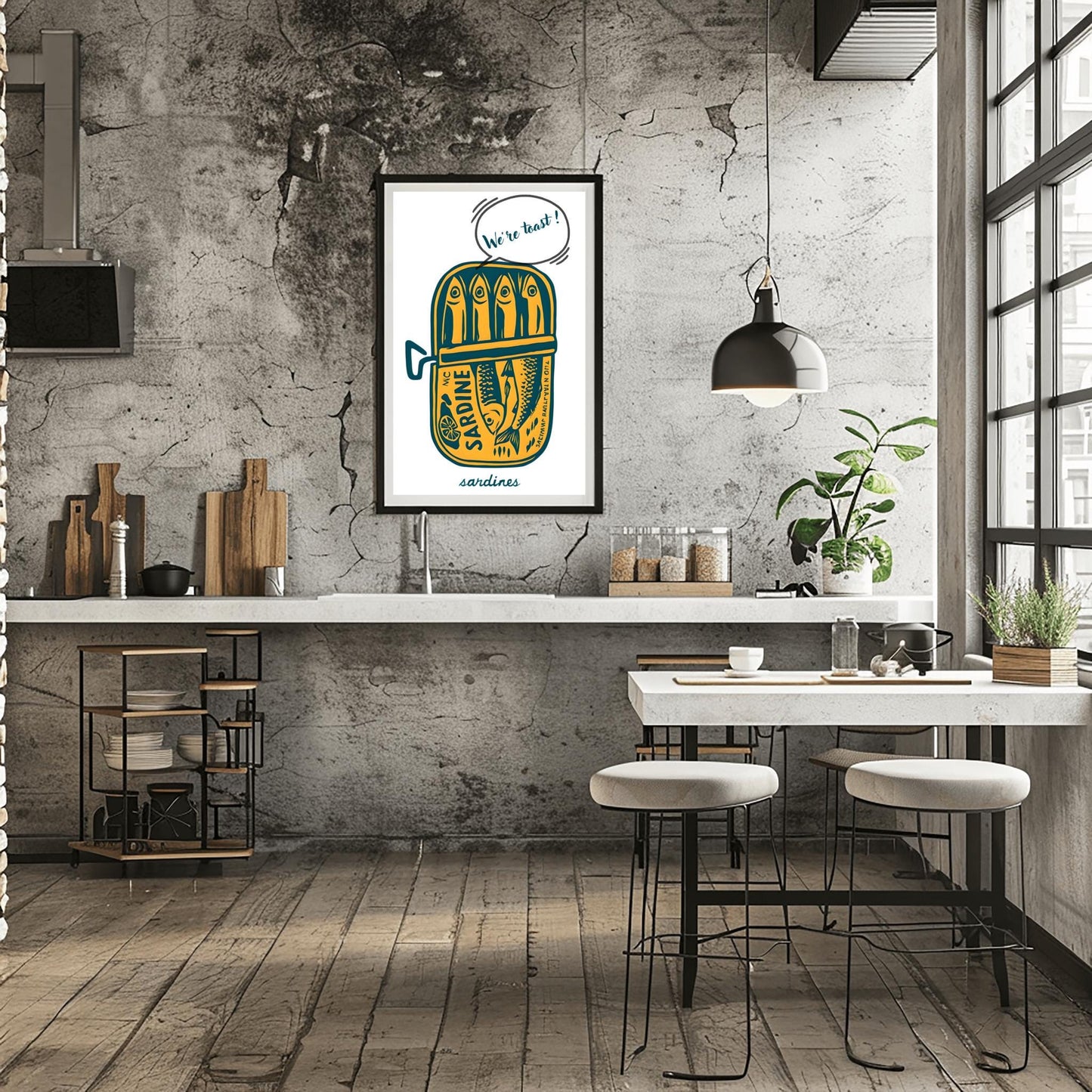Tinned Sardines Poster Art Print, Navy Blue Retro Wall Art, Kitchen Aesthetic Decor, Trendy Sardine, Coastal Printable Art, "We're Toast"