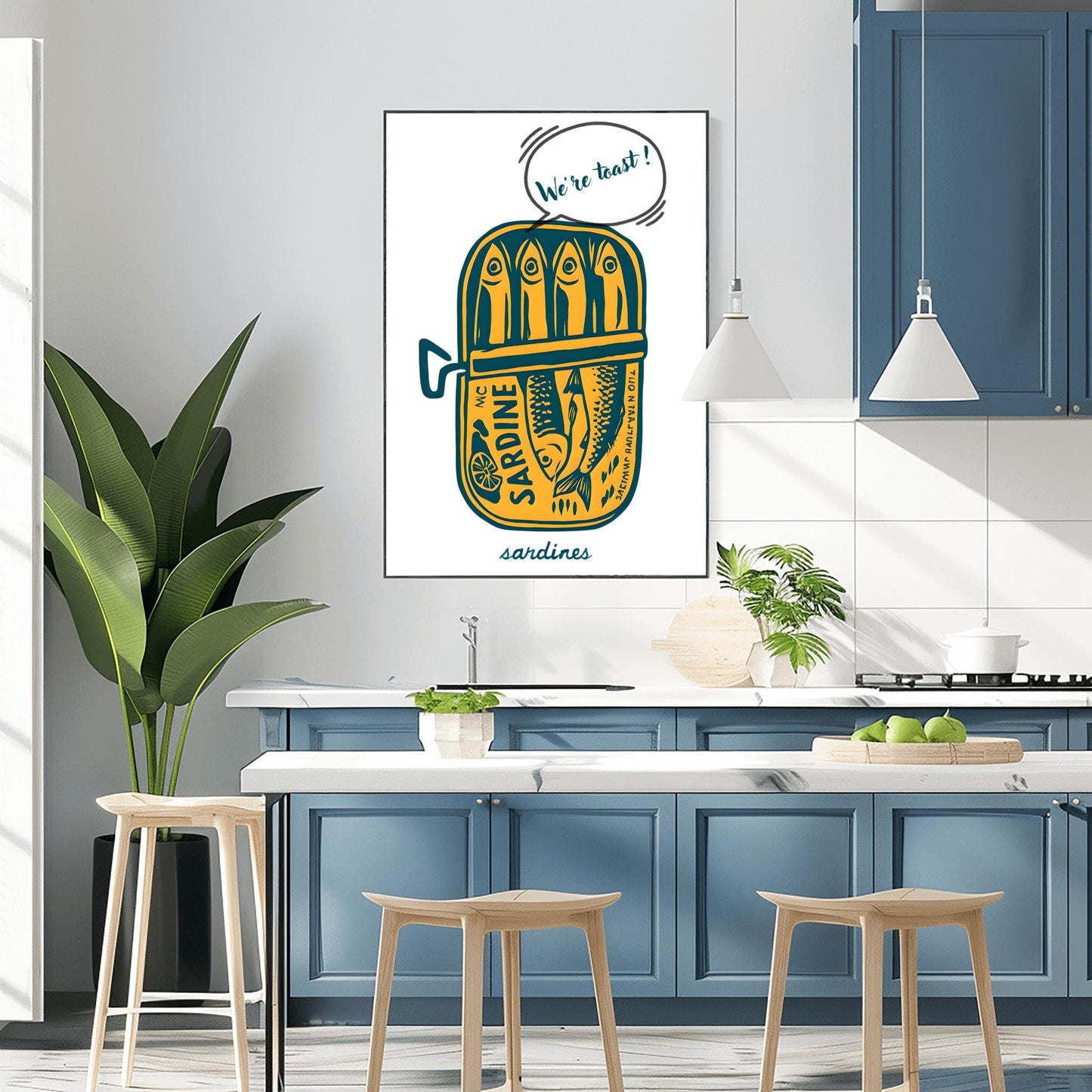 Tinned Sardines Poster Art Print, Navy Blue Retro Wall Art, Kitchen Aesthetic Decor, Trendy Sardine, Coastal Printable Art, "We're Toast"