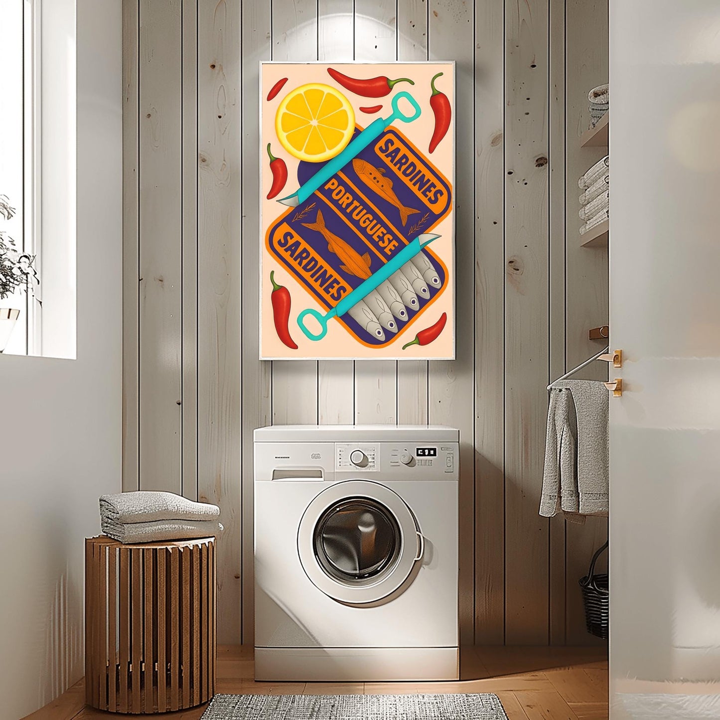 Sardines Print - Vintage Food Print - Seafood Print - Retro Food Art - Mid Century Print - Modern Kitchen Art - Trendy Orange and Navy Print
