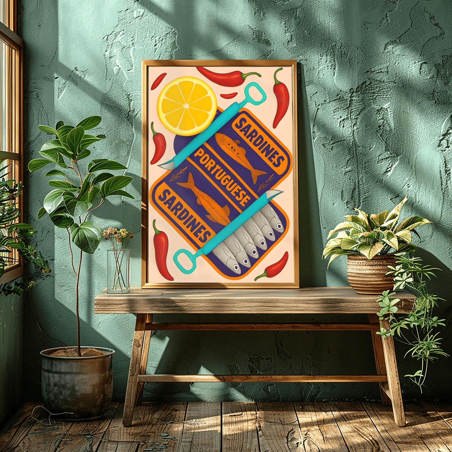 Sardines Print - Vintage Food Print - Seafood Print - Retro Food Art - Mid Century Print - Modern Kitchen Art - Trendy Orange and Navy Print