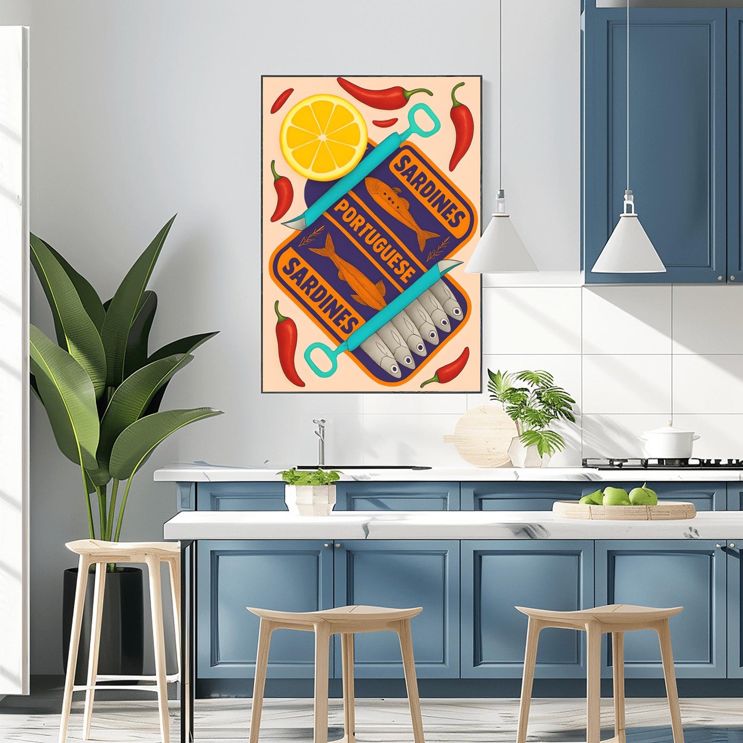 Sardines Print - Vintage Food Print - Seafood Print - Retro Food Art - Mid Century Print - Modern Kitchen Art - Trendy Orange and Navy Print