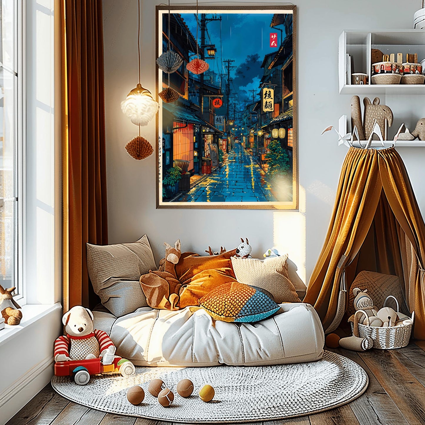 Anime House Poster Japanese Tokyo Tea House Art, Modern Ukiyo-e City Street Cafe Print, Japanese Decor Wall Art