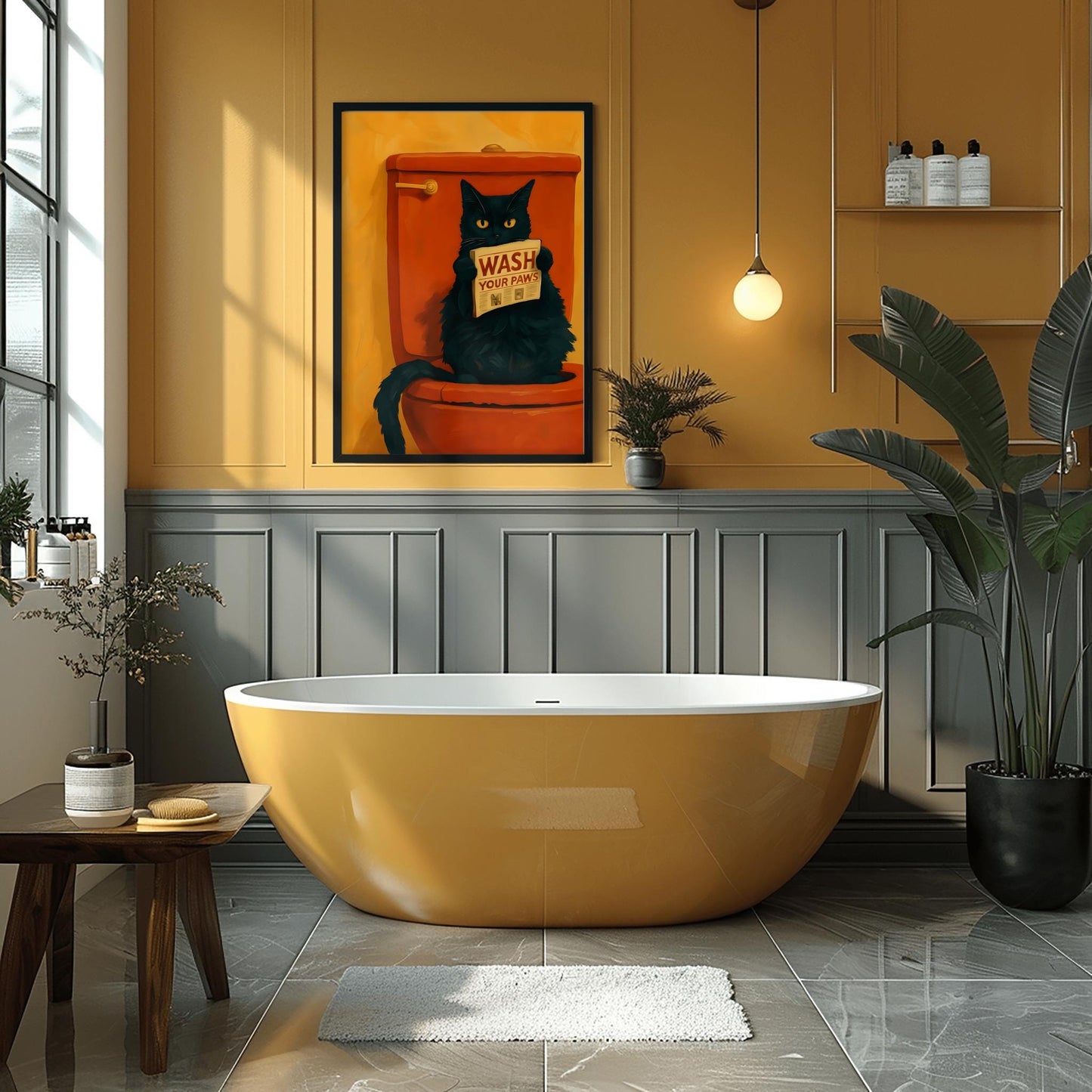 Wash Your Paws Funny Cat Art Black Cat Bathroom Decor Quirky Cat Painting Pink Toilet Humorous Cat Print Whimsical Cat Decor Cat Lover Gift