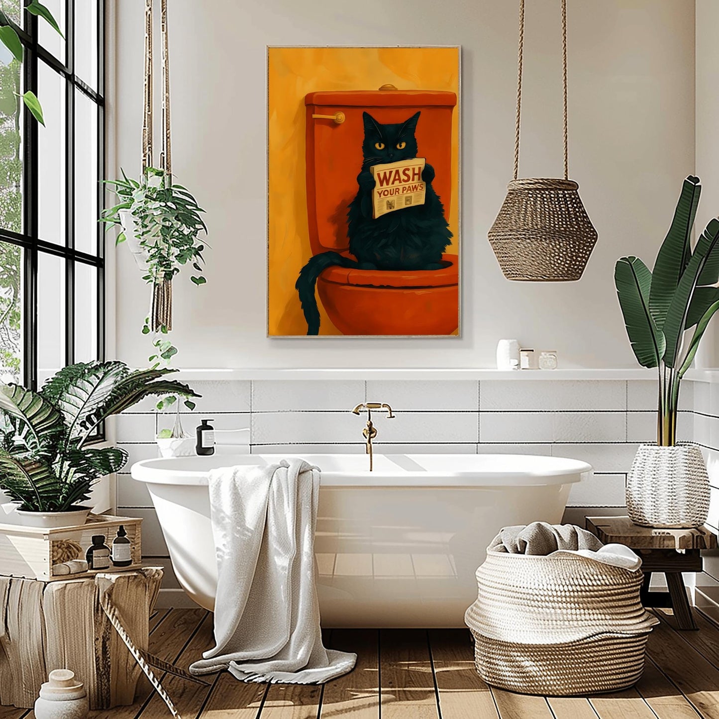 Wash Your Paws Funny Cat Art Black Cat Bathroom Decor Quirky Cat Painting Pink Toilet Humorous Cat Print Whimsical Cat Decor Cat Lover Gift