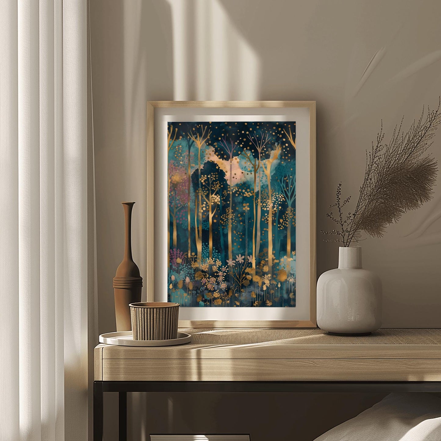 Gustav Klimt Inspired Art, Enchanted Forest Print, Magical Autumn Decor, Coquette Room Style, Luxury Wall Art, Gold Blue Painting