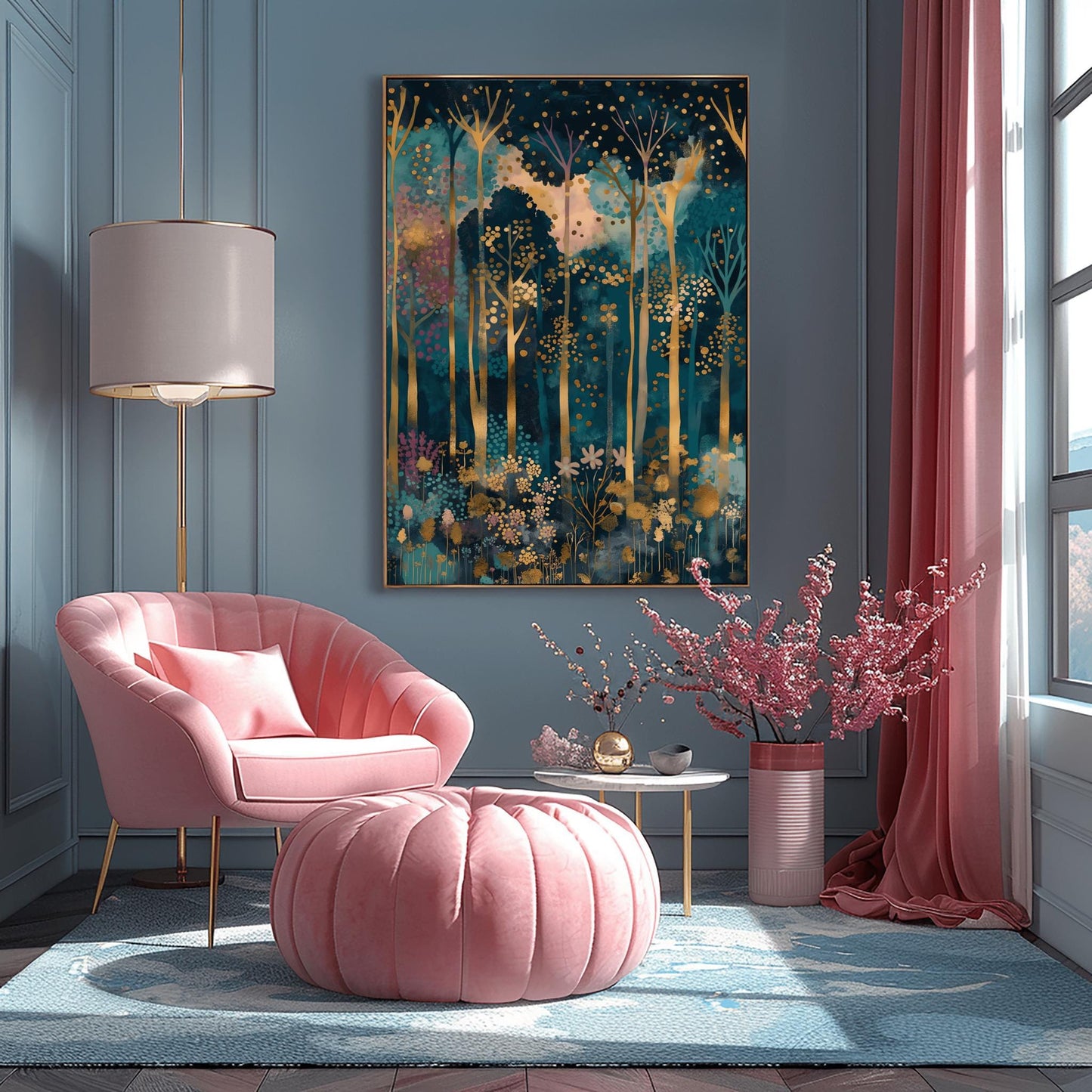 Gustav Klimt Inspired Art, Enchanted Forest Print, Magical Autumn Decor, Coquette Room Style, Luxury Wall Art, Gold Blue Painting