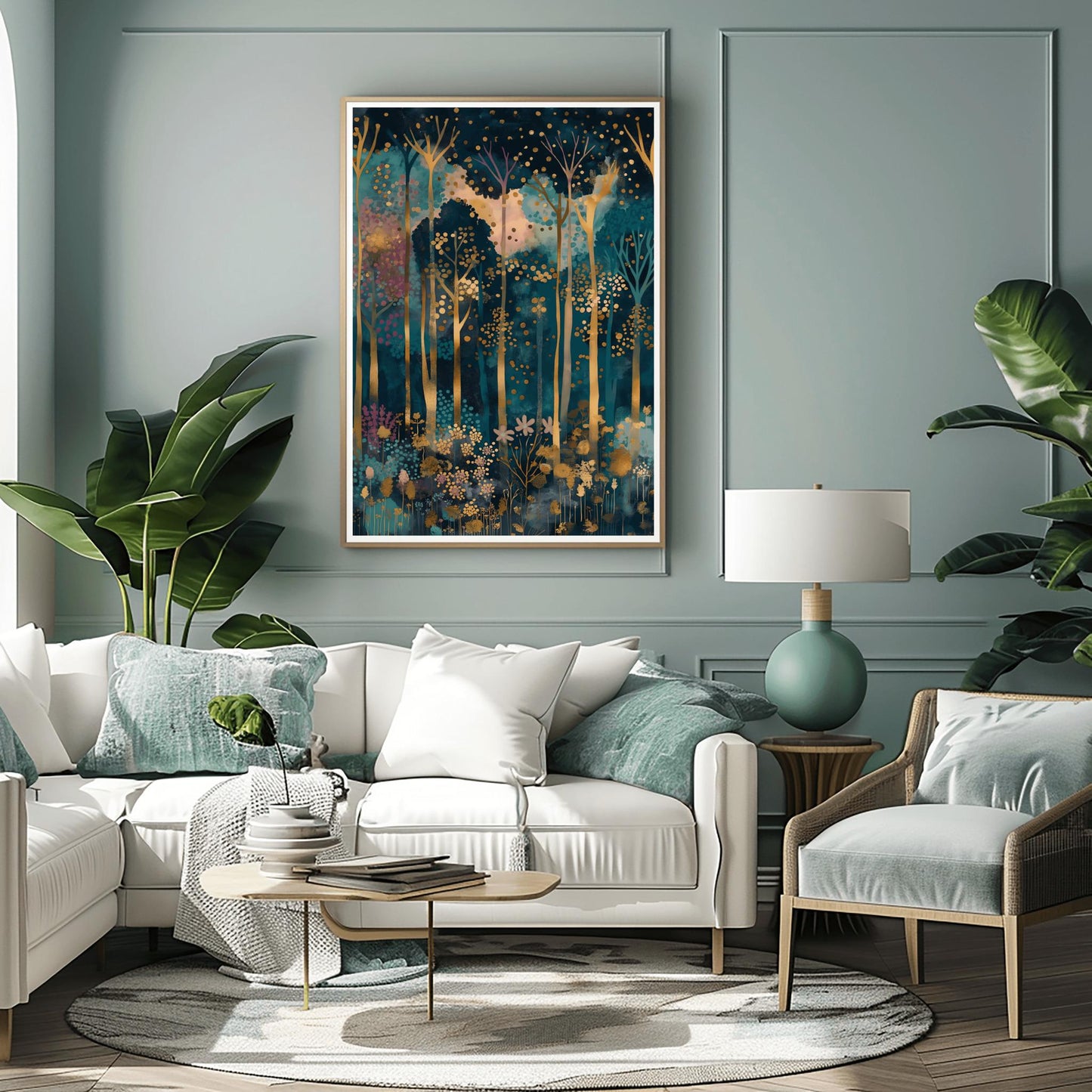 Gustav Klimt Inspired Art, Enchanted Forest Print, Magical Autumn Decor, Coquette Room Style, Luxury Wall Art, Gold Blue Painting