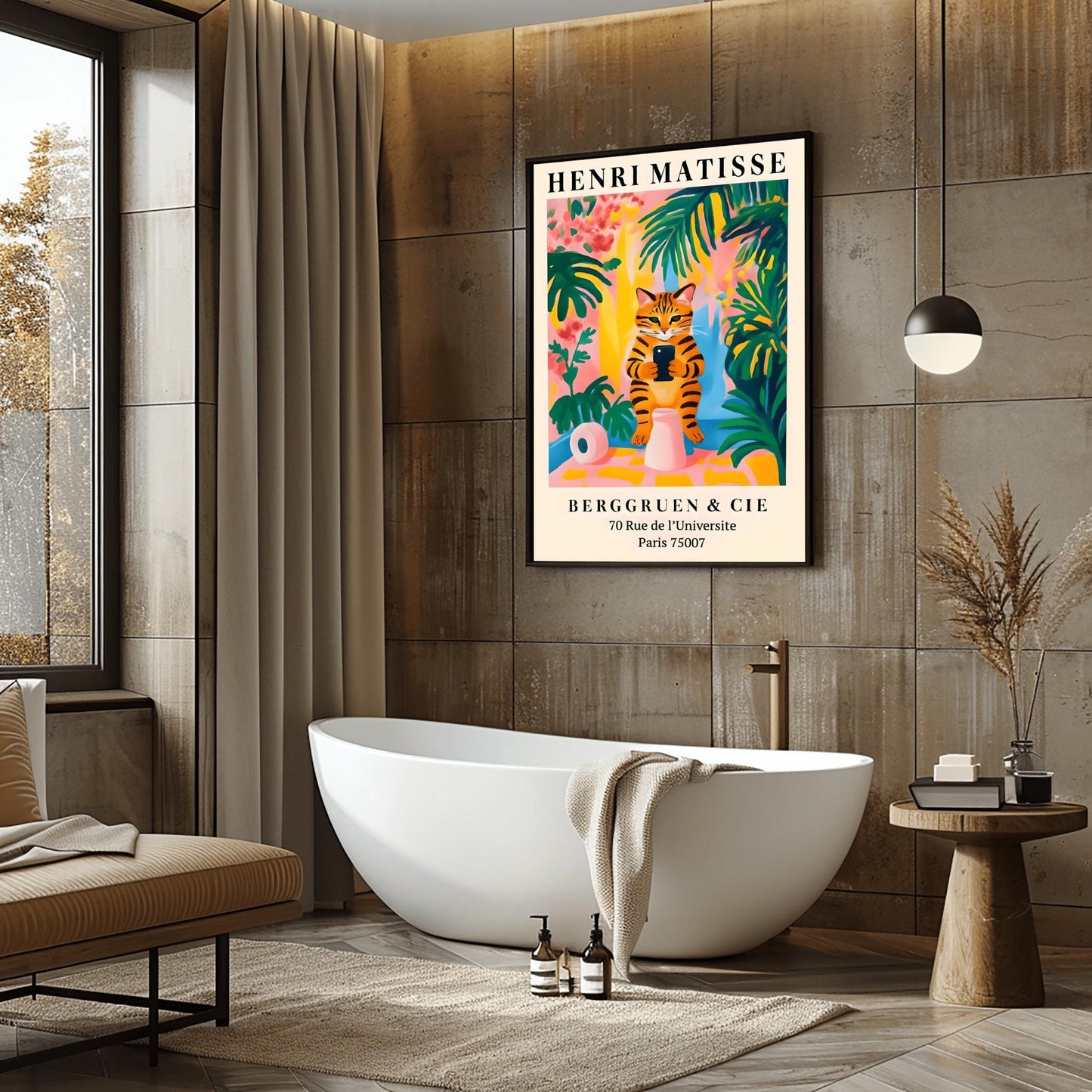 Funny Tabby Cat Toilet Art Print Holding Mobile Phone, Matisse Style Bathroom Wall Decor, Pink Dopamine Mid Century Modern Illustration