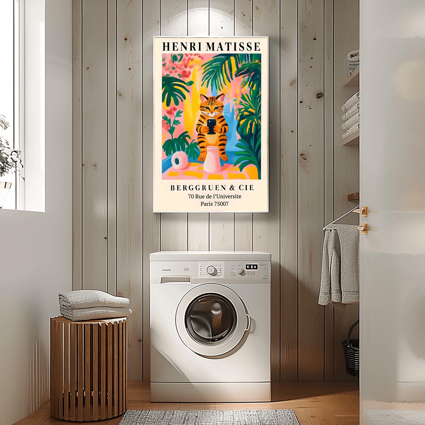 Funny Tabby Cat Toilet Art Print Holding Mobile Phone, Matisse Style Bathroom Wall Decor, Pink Dopamine Mid Century Modern Illustration