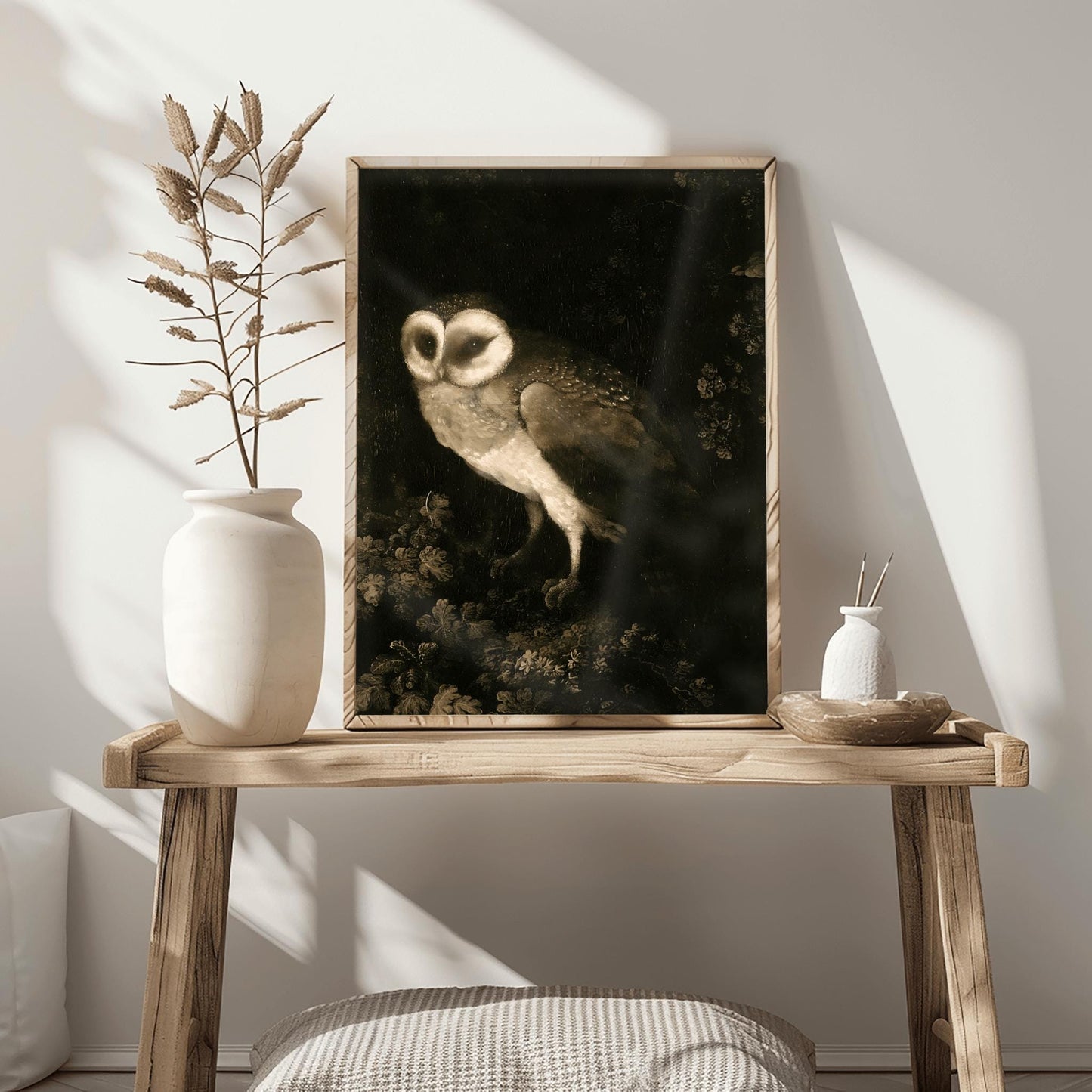 Antique Owl Painting, Vintage Animal Wall Art, Dark Academia Print, Moody Rustic Bird, Poster Print, Aesthetic Folk Art