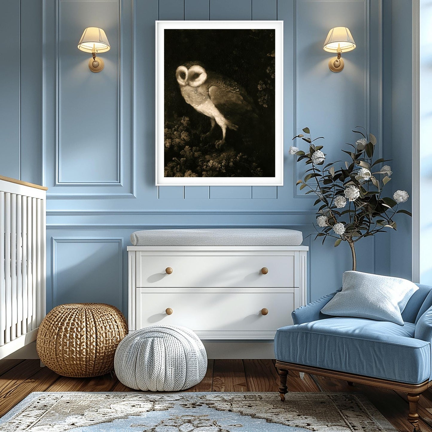Antique Owl Painting, Vintage Animal Wall Art, Dark Academia Print, Moody Rustic Bird, Poster Print, Aesthetic Folk Art