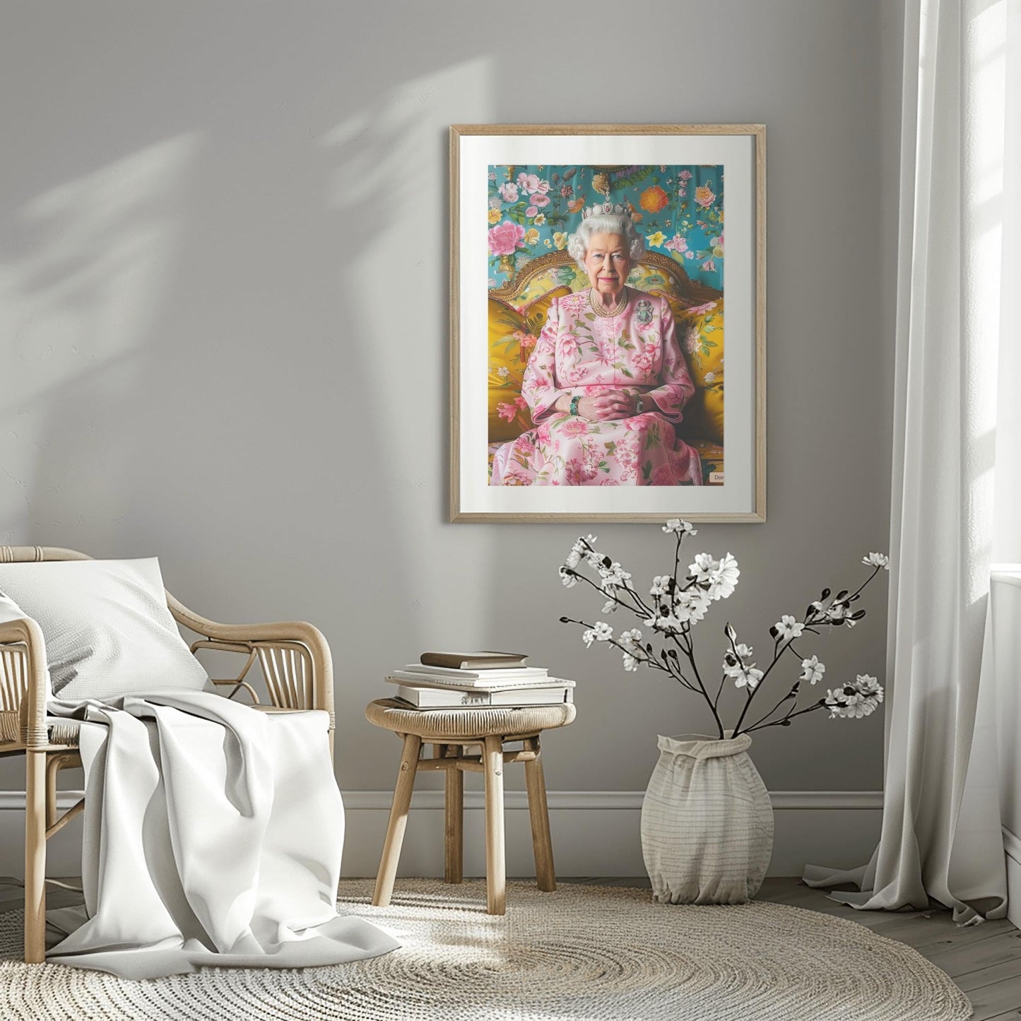 Queen Elizabeth II Portrait Print | Regal Floral Wall Art | Royal Art Decor | Elegant British Monarch Poster | Fine Art Tribute