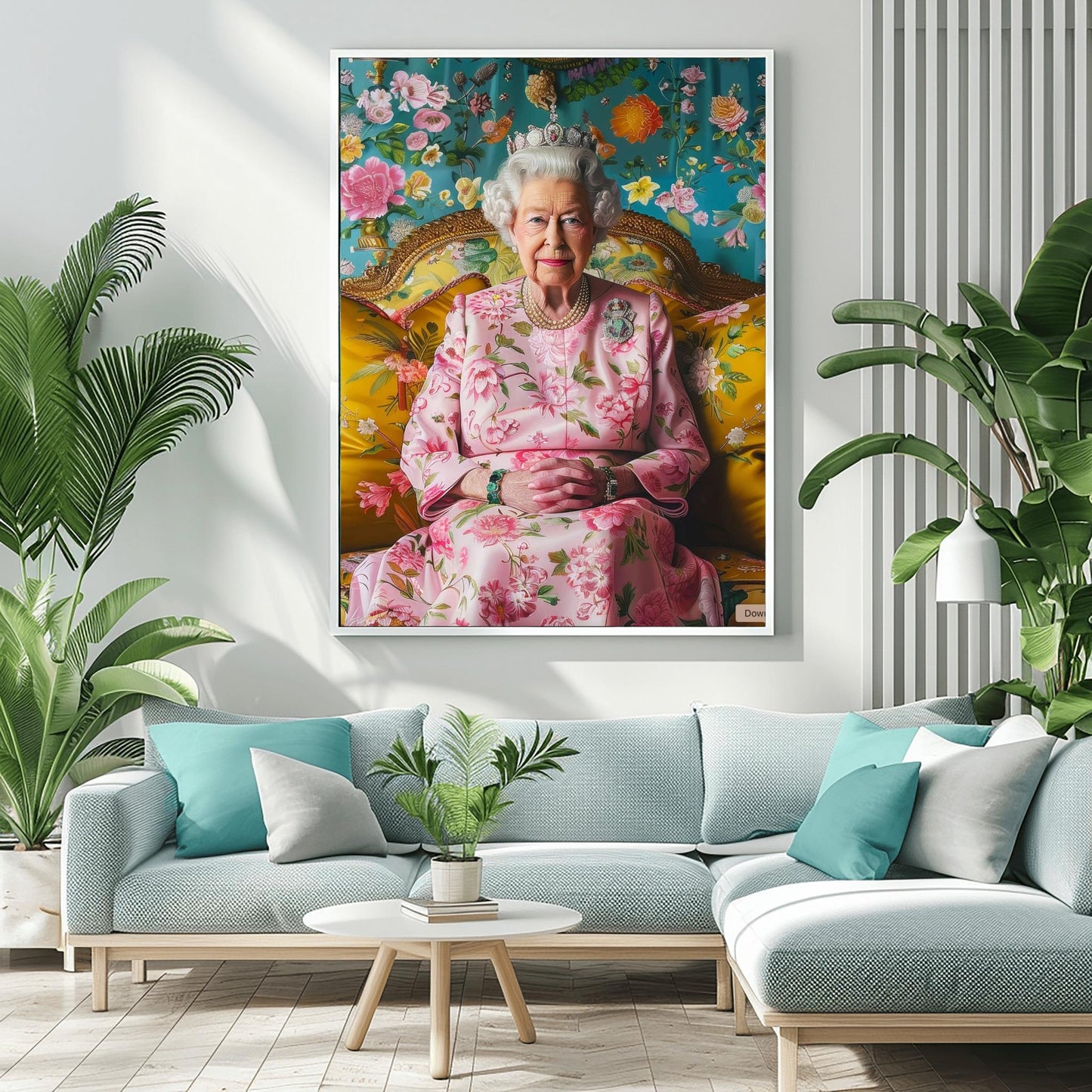 Queen Elizabeth II Portrait Print | Regal Floral Wall Art | Royal Art Decor | Elegant British Monarch Poster | Fine Art Tribute