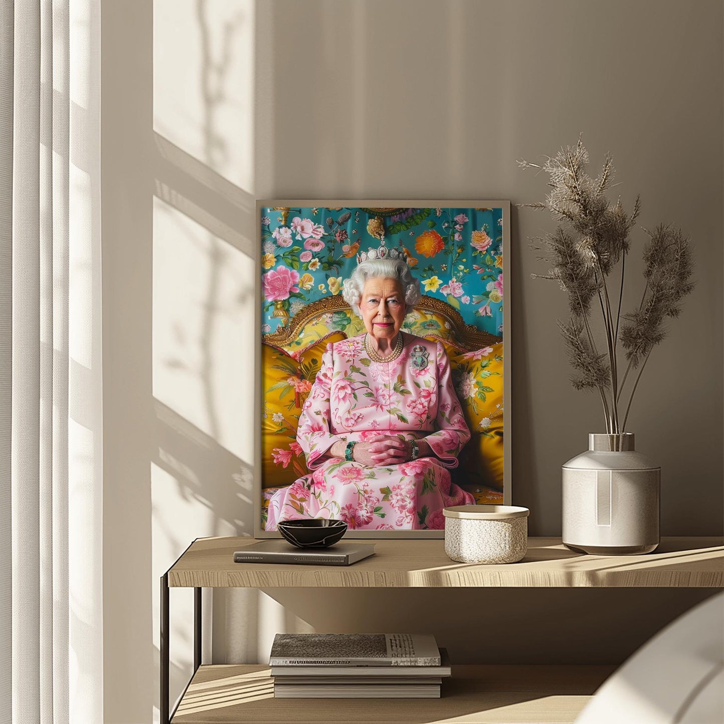 Queen Elizabeth II Portrait Print | Regal Floral Wall Art | Royal Art Decor | Elegant British Monarch Poster | Fine Art Tribute