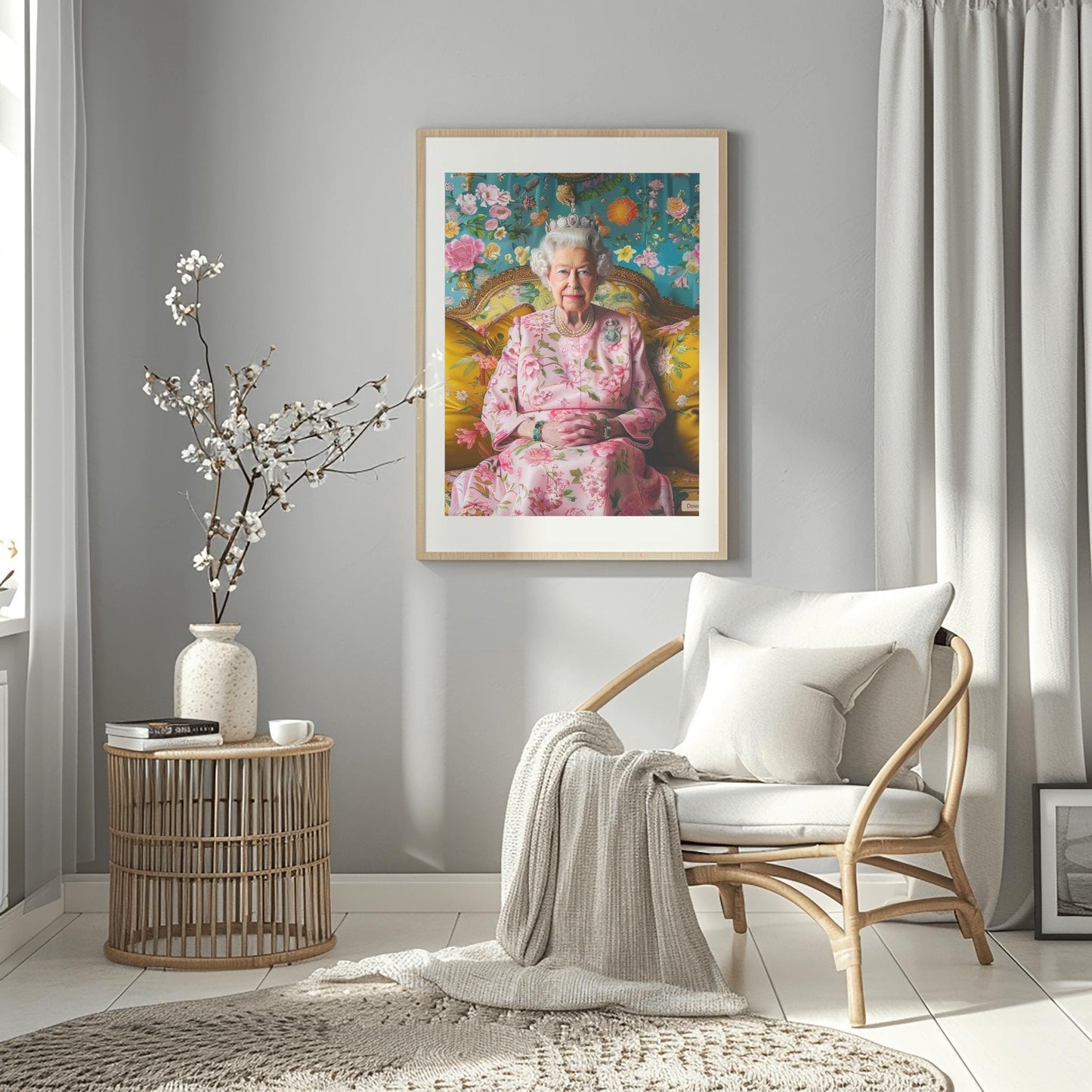 Queen Elizabeth II Portrait Print | Regal Floral Wall Art | Royal Art Decor | Elegant British Monarch Poster | Fine Art Tribute