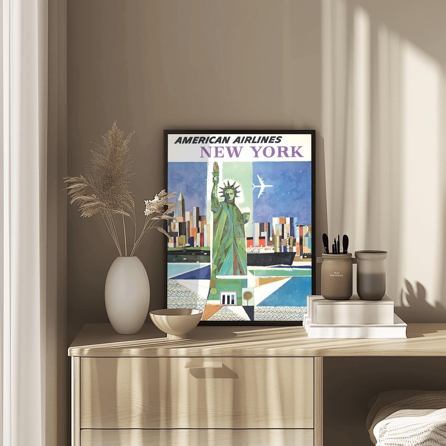 Vintage American Airlines NYC Poster | Abstract Statue of Liberty Print | New York City Wall Art | Aviation Travel | Mid-Century Airline Art