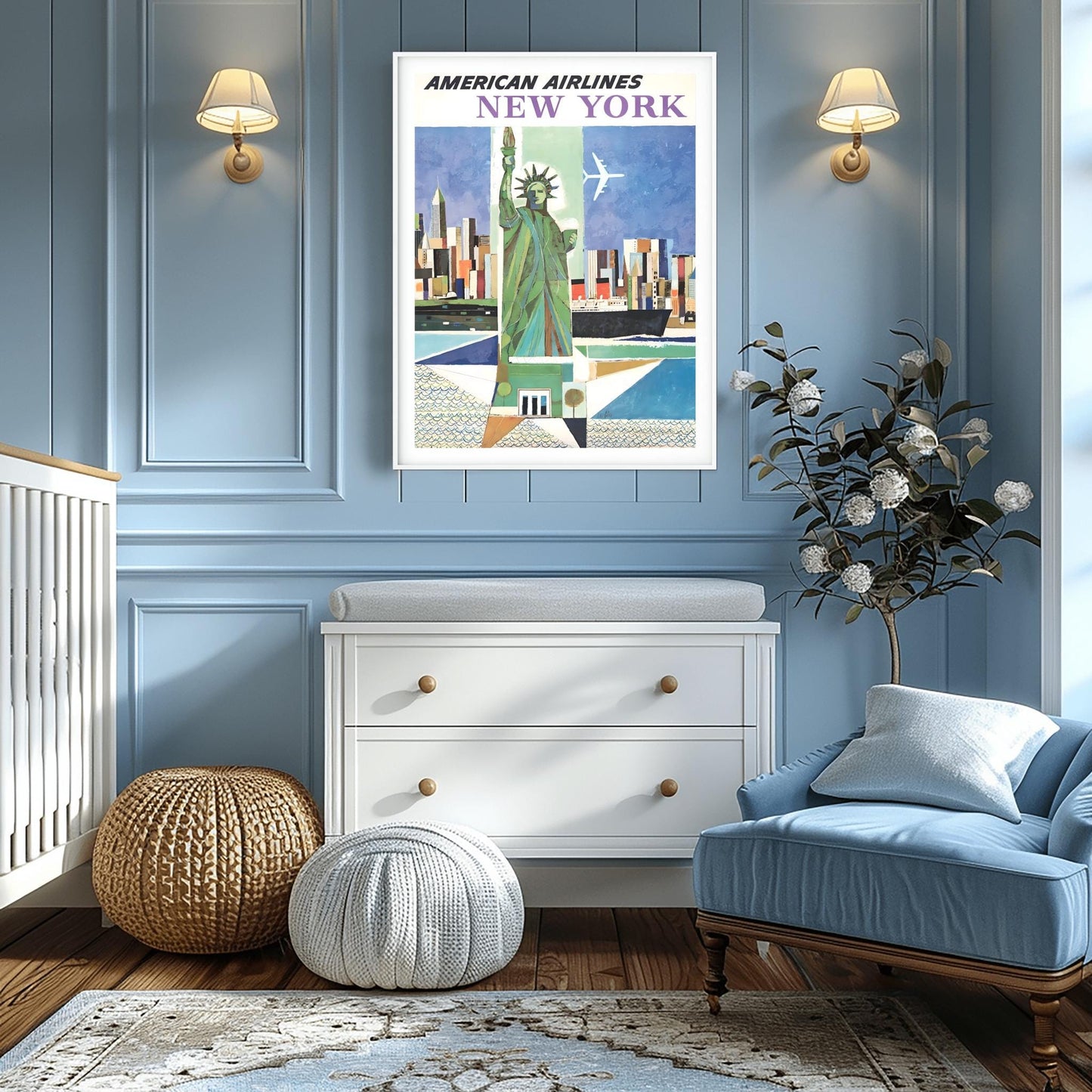 Vintage American Airlines NYC Poster | Abstract Statue of Liberty Print | New York City Wall Art | Aviation Travel | Mid-Century Airline Art