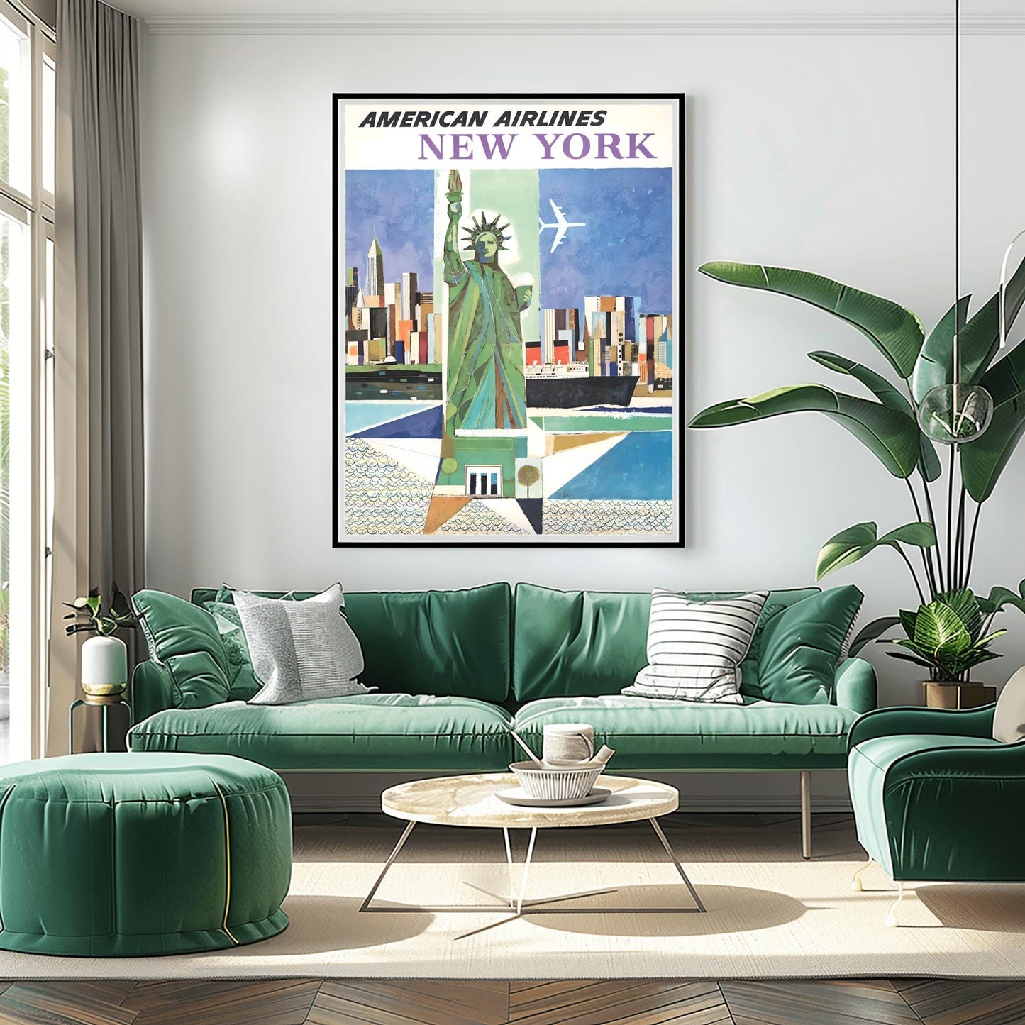 Vintage American Airlines NYC Poster | Abstract Statue of Liberty Print | New York City Wall Art | Aviation Travel | Mid-Century Airline Art