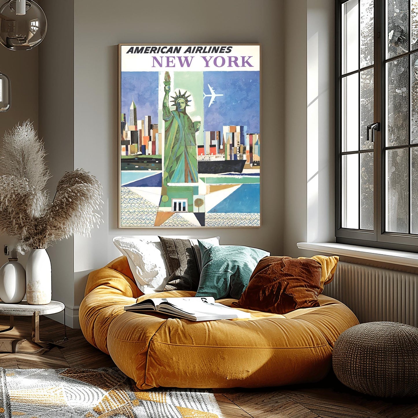 Vintage American Airlines NYC Poster | Abstract Statue of Liberty Print | New York City Wall Art | Aviation Travel | Mid-Century Airline Art